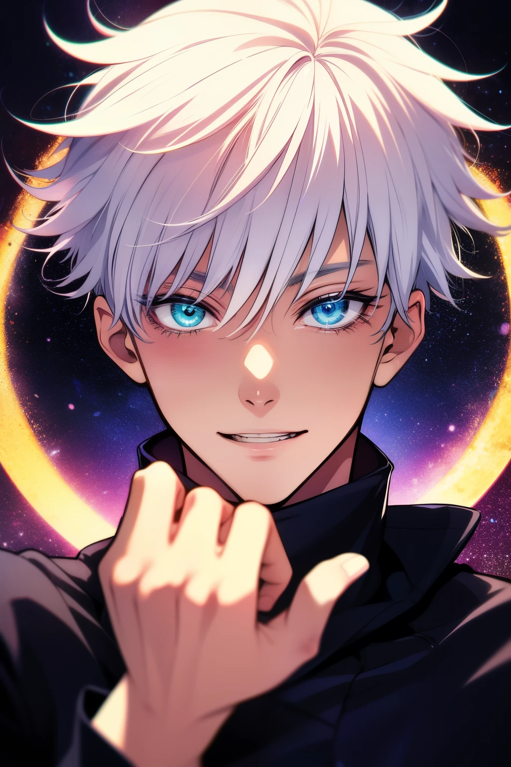 (absurdres, highres, ultra detailed), 1 male, Messy white hair, Aquamarine eyes, White lashes, Looking at the camera, Jujutsu Kaisen, Gojo Gojo, finely detailed eyes and detailed face, the fool \tarot\, bard, clown, Symbolism, Visual art, Occult, Universal, Vision casting, Philosophical, Iconography, Numerology, Popularity, Artistic, Alfons Mucha
