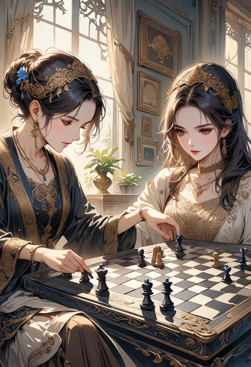 best quality, high-res, ultra-detailed, realistic, vintage chess game, illustrations, hand-painted, antique game board, intricate wooden chess pieces, aged textures, nostalgic atmosphere, sepia tones, soft lighting, detailed carvings, intricate patterns of the chessboard, intricate metal clasps, delicate filigree, elaborate engravings, decorative borders, ancient masterpiece, immersive gaming experience, intricate game strategy, black and white contrast, deep shadows, faded elegance, graceful movements of the chess pieces, immortalized nostalgia, historical charm, timeless elegance.