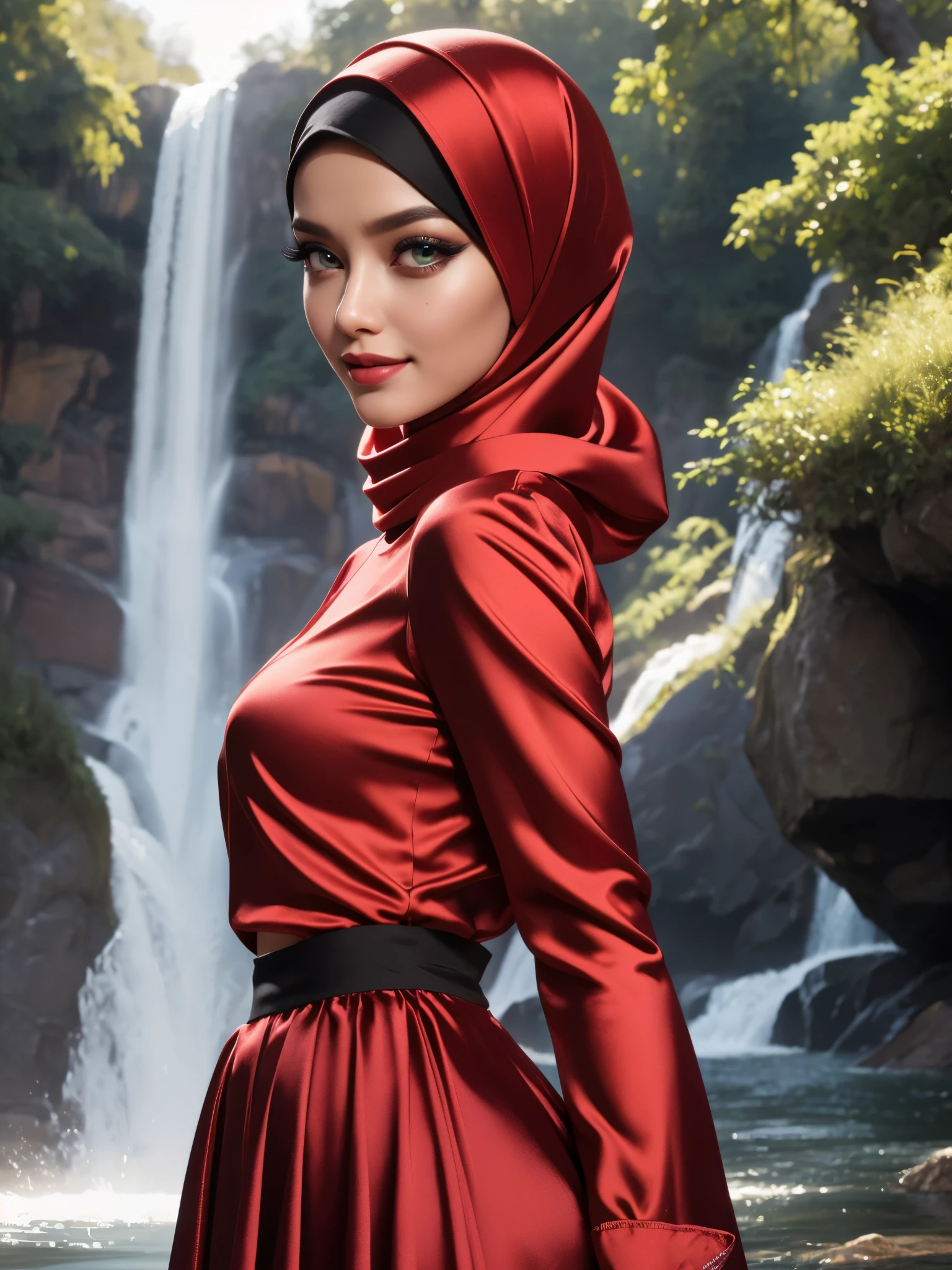 3dmm style, (Masterpiece), realistic, best quality, best lighting, extremely detailed artgerm, style artgerm, beautiful mature woman, 1 girl photo solo, beautifully makeup, eyeshadow,green eyes Parted Lips, Detailed Eyes, ((beautiful big eyes)), long eye lashes, dimples on the cheeks, smile, wearing silk turban hijab, ((Dark red satin hijab)), loosely tide hijab style, shining silk, satin, red satin, ((red satin long sleeve shirt and satin long skirt)), (Close-up portrait), Front view, Standing Symmetric Centre, facing the viewer, waterfall nature background.