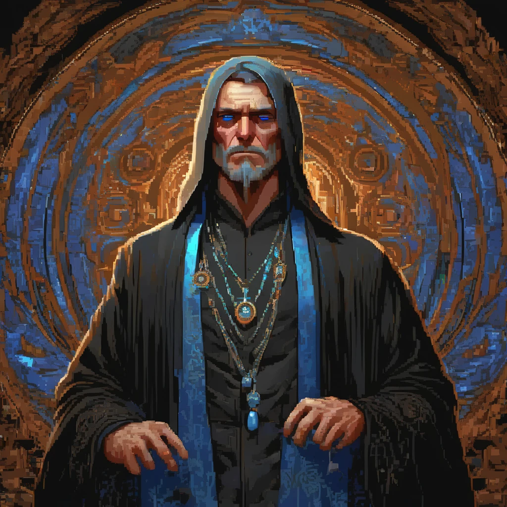 dosegagfx style, retro game, a man wearing a black robe with blue eyes, highly detailed, digital painting, artstation, concept art, smooth, sharp focus, illustration, art by simon bisley and greg rutkowski and alphonse mucha, 8 k  octane render, 3 d