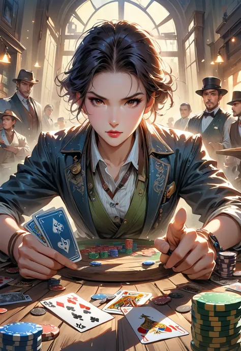 a retro game of poker, (best quality, highres, hdr, realistic), vivid colors, extreme detail description, (concept artists), vin...