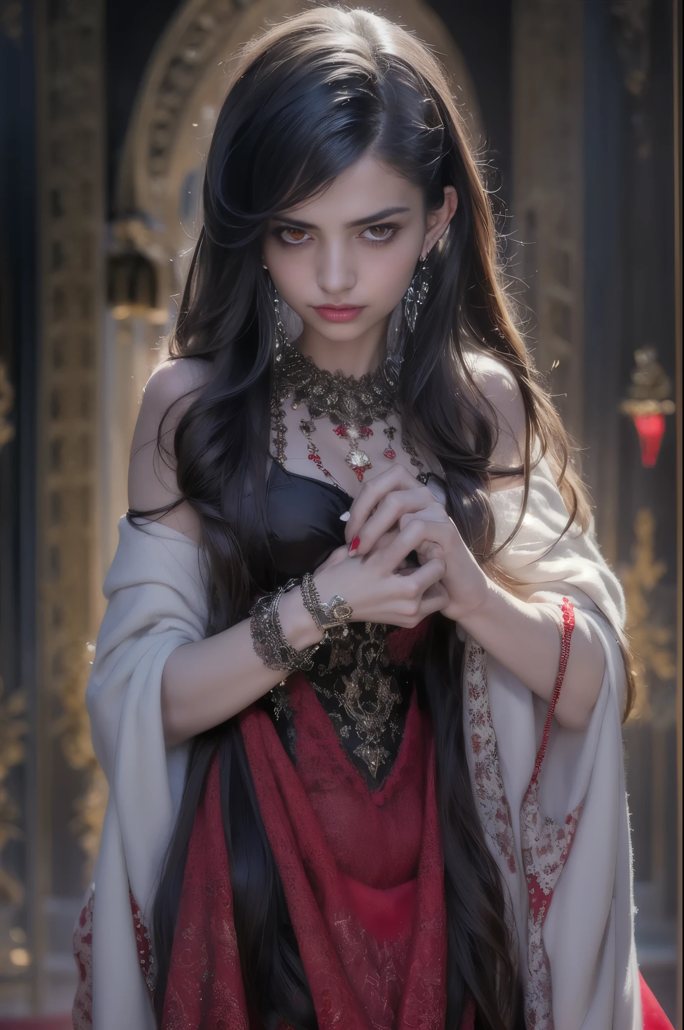 (beautiful detailed red eyes:1.4), long dark eyelashes, pointed fangs, flowing black hair, elegant posture, pale skin, red lips, traditional Arabic dress, mysterious aura, ((moonlit night:1.3)), shadows, delicate jewelry, ancient ruins, intense gaze, hypnotic smile, vampire powers, supernatural strength, centuries-old wisdom, captivating beauty, hauntingly enchanting, alluring darkness, (blood-red moonlight:1.1), eternal youth, seductive charm, hidden secrets. (best quality, ultra-detailed, photorealistic:1.37), gothic, fantasy, dark color palette, dramatic lighting. (NSFW:1.4) beautiful small breasts, (Emma watson:0.3),(Jennifer connelly:0.24), (beautiful nipples:1.5),(She has white skin with visible blue veins:1.4),(Small breasts with beautifully raised areolas:1.5),(flat chest:1.2) (beautiful teenage nipples:1.5)　　