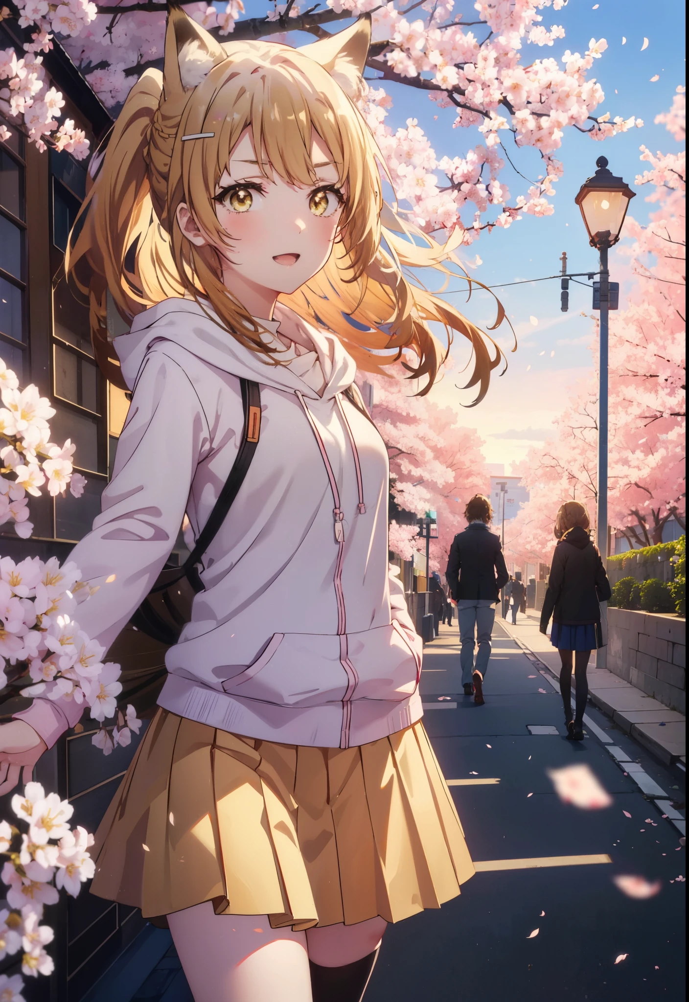 irohaisshiki, iroha isshiki, long hair, brown hair, (brown eyes:1.5), happy smile, smile, open your mouth,short braided hair,ponytail,animal ears　fox ears,animal tail　Fox tail oversized pink hoodie,yellow pleated long skirt,white pantyhose,Mini Boots,walking,Cherry blossom tree-lined path,cherry blossoms are blooming,Cherry blossoms are scattered,Looking up from the afternoon,
break outdoors, garden,
break looking at viewer, Upper body,(cowboy shot:1. 5)
break (masterpiece:1.2), highest quality, High resolution, unity 8k wallpaper, (figure:0.8), (beautiful deしっぽed eyes:1.6), extremely deしっぽed face, perfect lighting, extremely deしっぽed CG, (perfect hands, perfect anatomy),