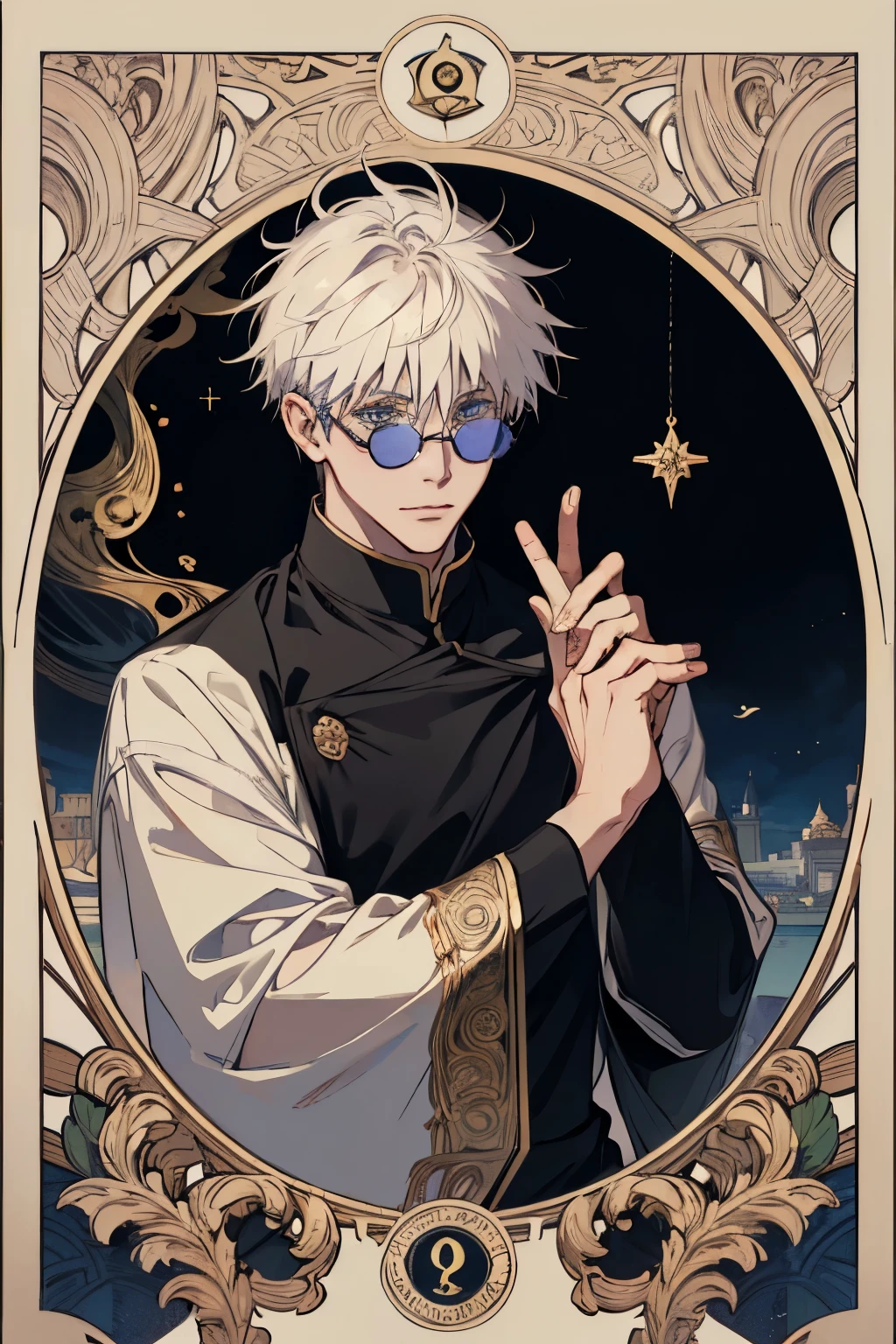 (absurdres, highres, ultra detailed), upper body, solo, male focus, 1boy, gojo satoru, grin, looking at viewer, sunglasses, round eyewear, , black jacket, high collar, the fool \tarot\, bard, clown, Symbolism, Visual art, Occult, Universal, Vision casting, Philosophical, Iconography, Numerology, Popularity, Artistic, Alfons Mucha
