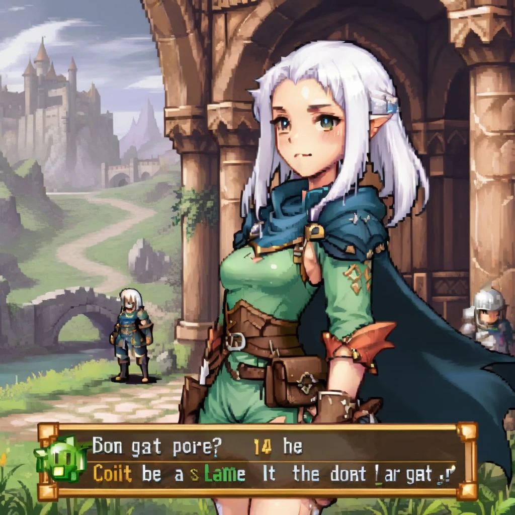For gaming style images, Create an RPG game scene，Has detailed dialog box with character portrait. Scenes are vivid and immersive, Typical fantasy role-playing game, with lush, Mysterious landscape in the background. Portraits of people stand out, Place next to the dialog box，to facilitate character recognition. The portrait shows an expressive figure, Wear clothing appropriate to the fantasy theme of the game. The style of the dialog box is gorgeous, medieval font, Enhance RPG feel, it contains fascinating, story driven text，Suggests an epic task or important decision.,  cute girl, Special clothing, white hair