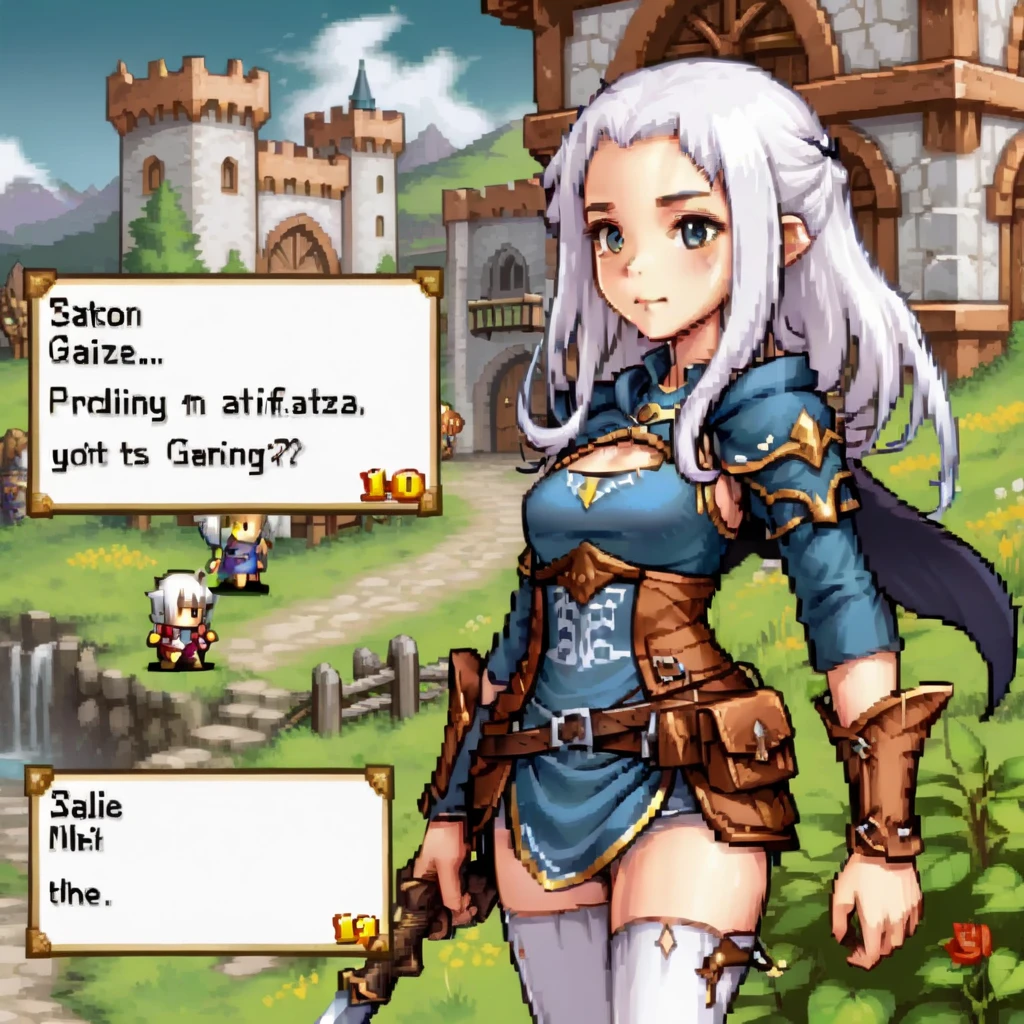 For gaming style images, Create an RPG game scene，Has detailed dialog box with character portrait. Scenes are vivid and immersive, Typical fantasy role-playing game, with lush, Mysterious landscape in the background. Portraits of people stand out, Place next to the dialog box，to facilitate character recognition. The portrait shows an expressive figure, Wear clothing appropriate to the fantasy theme of the game. The style of the dialog box is gorgeous, medieval font, Enhance RPG feel, it contains fascinating, story driven text，Suggests an epic task or important decision.,  cute girl, Special clothing, white hair