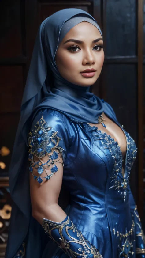 a malay woman in hijab and a blue dress, realistic Art Station, hard raining scene, Detailed Fantasy Art, Stunning Character Art...