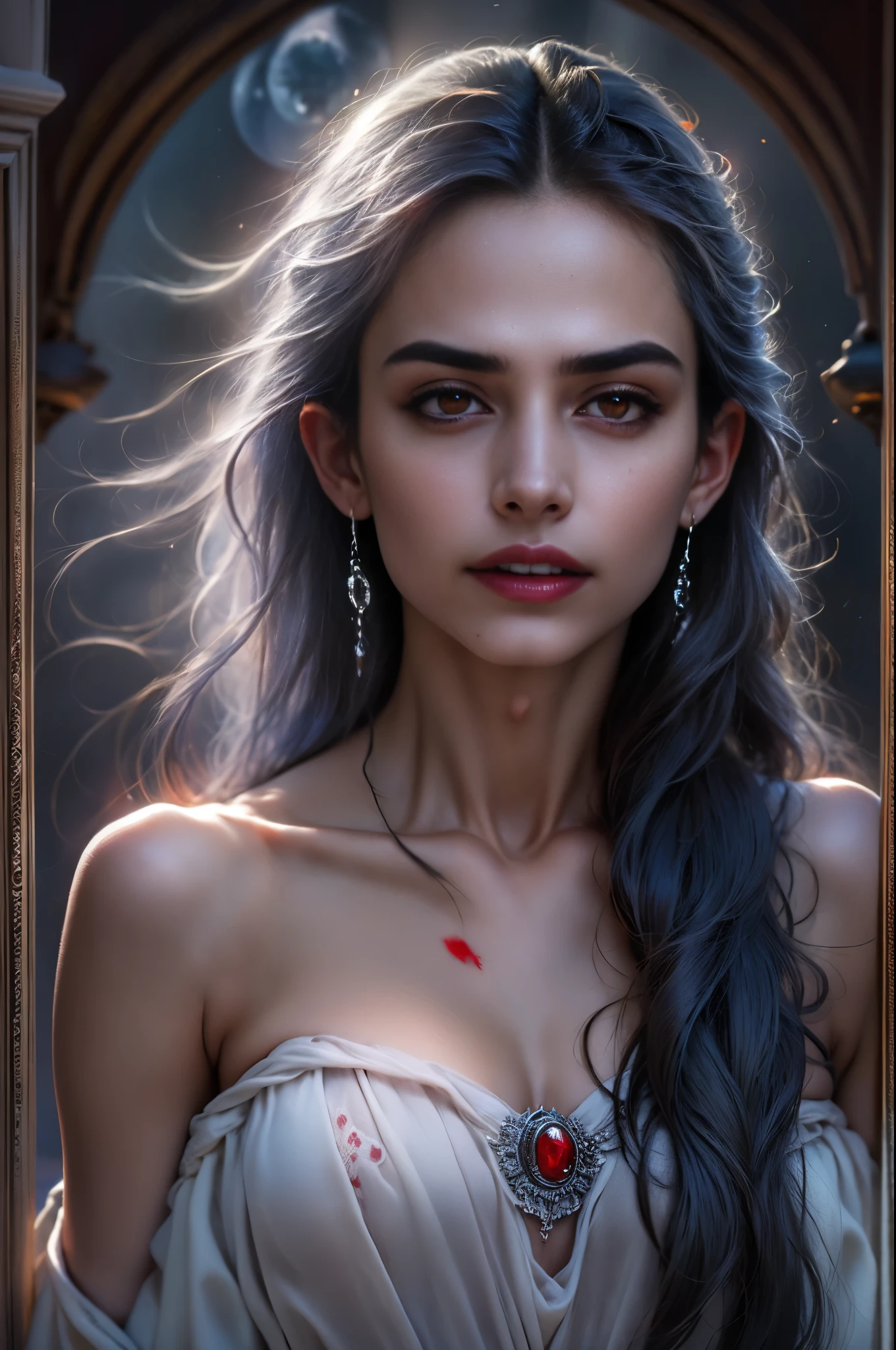 (beautiful detailed red eyes:1.4), long dark eyelashes, pointed fangs, flowing black hair, elegant posture, pale skin, red lips, traditional Arabic dress, mysterious aura, ((moonlit night:1.3)), shadows, delicate jewelry, ancient ruins, intense gaze, hypnotic smile, vampire powers, supernatural strength, centuries-old wisdom, captivating beauty, hauntingly enchanting, alluring darkness, (blood-red moonlight:1.1), eternal youth, seductive charm, hidden secrets. (best quality, ultra-detailed, photorealistic:1.37), gothic, fantasy, dark color palette, dramatic lighting. (NSFW:1.4) beautiful small breasts, (Emma watson:0.3),(Jennifer connelly:0.24), (beautiful nipples:1.5),(She has white skin with visible blue veins:1.4),(Small breasts with beautifully raised areolas:1.5),(flat chest:1.2) (beautiful teenage nipples:1.5)　　