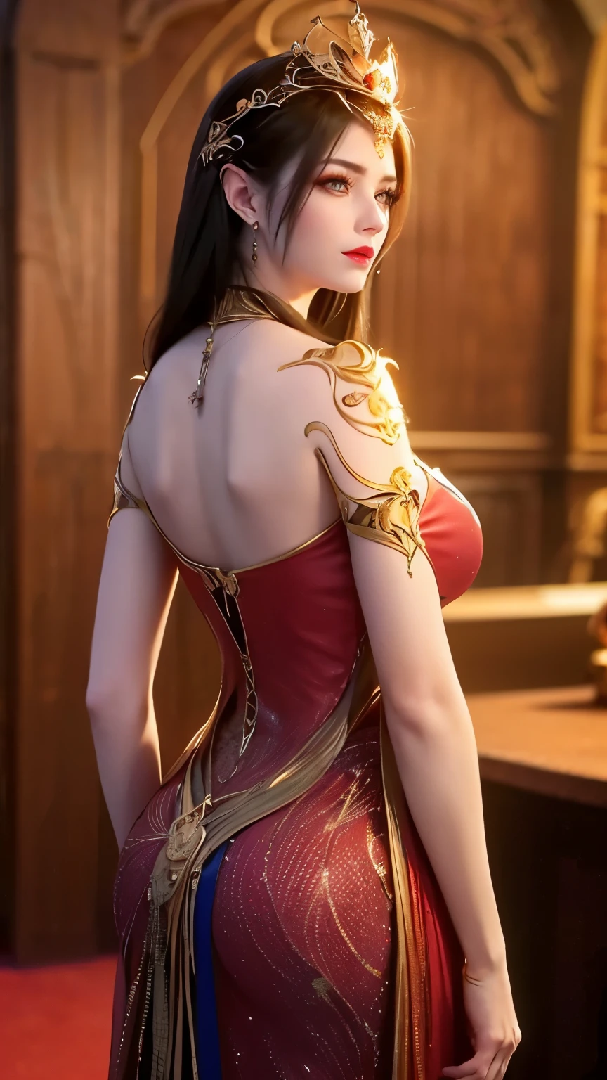 An extremely 美麗的女王,(最好的品質,4k,高解析度,傑作:1.2),超詳細,(實際的,photo實際的,photo-實際的:1.37),美麗的女王,裸,精緻的五官,飄逸的長髮,又大又圓的乳房,黑眼圈瞳孔,大, 圓圓的白金眼睛很漂亮而且超級細緻,紅色細緻妝容眉毛,嘴巴緊緊閉著,夢幻般的氛圍,最完美的身體,空靈之美,驕傲的表情,將女王雙手背在身後,異常優雅,可愛又迷人,注重細節,富麗堂皇,童話般的氛圍,1 名女孩, 1 獨自一人,全身", 看著觀眾