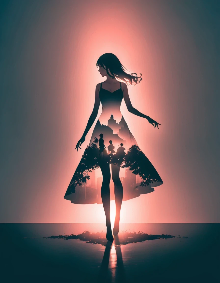 Beautiful dancer&#39;s slender shadow on the ground，double exposure
