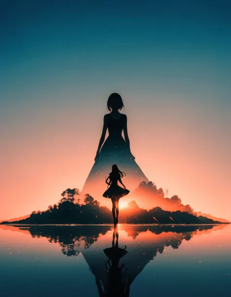 Beautiful dancer&#39;s slender shadow on the ground，double exposure，applaud yourself