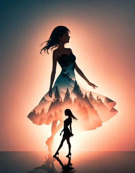 Beautiful dancer&#39;s slender shadow on the ground，double exposure