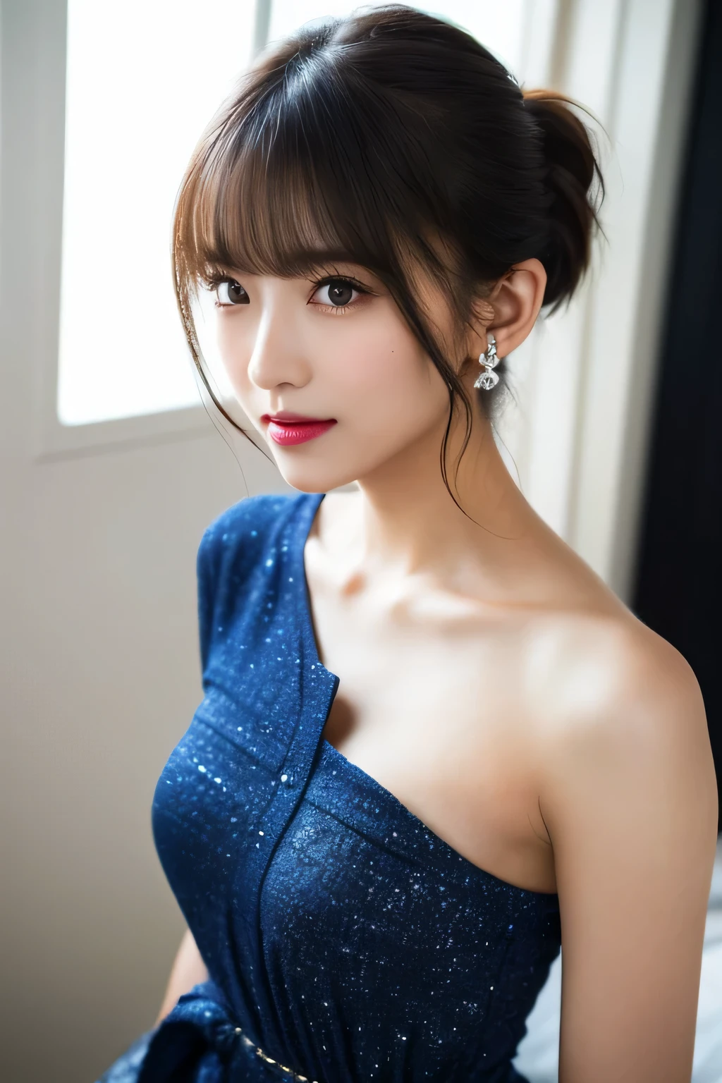 ((highest quality, 8K, masterpiece :1.3)), (realistic, Photoreal:1.4), sharp focus：1.2, 
Bright colors, professional level, shallow depth of field, 
20-year-old, (Half Japanese and half German woman), 1 person, A beautiful face with intelligence, 
Supple body :1.3, model body shape:1.5, 頭w:1.4, perfect style：1.4, 
narrow shoulders, beautiful clavicle, long and thin legs, The beauty of slim abs :1.2, thin waist :1.2, 
super detailed skin, Fair skin, Shiny skin, 
super detailed face, slim facial contour, beautiful small face, Beautiful lined nose, 
super detailed eyes, long slit eyes, brown eyes, double eyelid, beautiful thin eyebrows, fine long eyelashes, 
super detailed lips, plump lips, glossy pink lips, flushed cheeks, beautiful teeth, 
Beautiful actress&#39;s ennui makeup, pink lipstick, silver necklace, earrings, 
light brown hair, delicate soft hair, 
(hair up, ponytail :1.2), layer cut, (dull bangs:1.2), 
(Dress up with trendy fashion:1.2), 
gentle smile, open mouth half way, Enchanted expression, stare at the camera, 
(Full body image from the waist), dynamic lighting, 

White House on Santorini, blue sky and aegean sea, 
cinematic lighting, midsummer rays, (View from the side:1.2), 

(standing in a beautiful posture:1.2), legs open, 
(perfect breast shape, B cup:1.2), A small pink areola, 
She has a cute plump butt, My thighs are dazzling, 
Bright bedroom in a luxury hotel, Near large windows, 
(front view, Pay attention to the crack between the legs:1.5), 