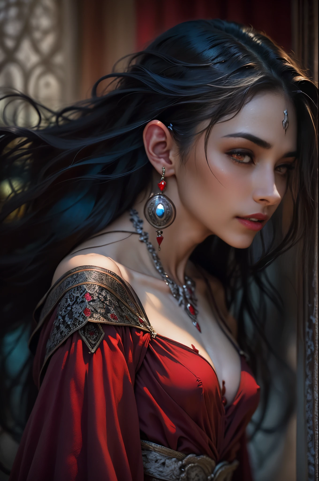 (beautiful detailed red eyes:1.4), long dark eyelashes, pointed fangs, flowing black hair, elegant posture, pale skin, red lips, traditional Arabic dress, mysterious aura, ((moonlit night:1.3)), shadows, delicate jewelry, ancient ruins, intense gaze, hypnotic smile, vampire powers, supernatural strength, centuries-old wisdom, captivating beauty, hauntingly enchanting, alluring darkness, (blood-red moonlight:1.1), eternal youth, seductive charm, hidden secrets. (best quality, ultra-detailed, photorealistic:1.37), gothic, fantasy, dark color palette, dramatic lighting. (NSFW:1.4) beautiful small breasts, (Emma watson:0.3),(Jennifer connelly:0.24), (beautiful nipples:1.5),(She has white skin with visible blue veins:1.4),(Small breasts with beautifully raised areolas:1.5),(flat chest:1.2) (beautiful teenage nipples:1.5)　　