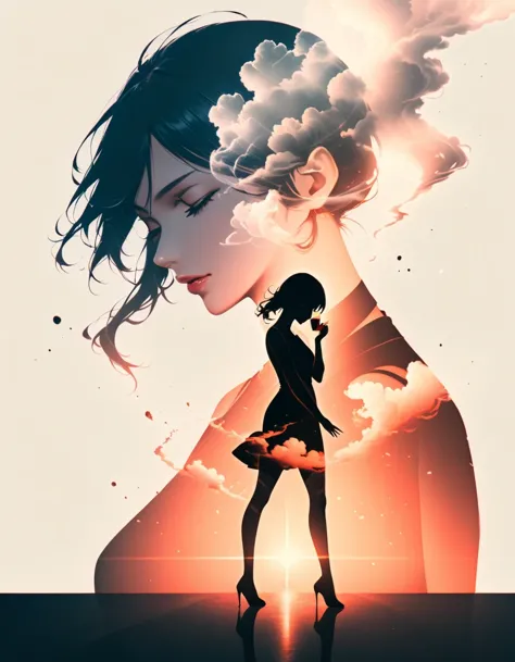 Beautiful dancer&#39;s slender shadow on the ground，double exposure，solo，smoke，drinks，Persistence and giving up