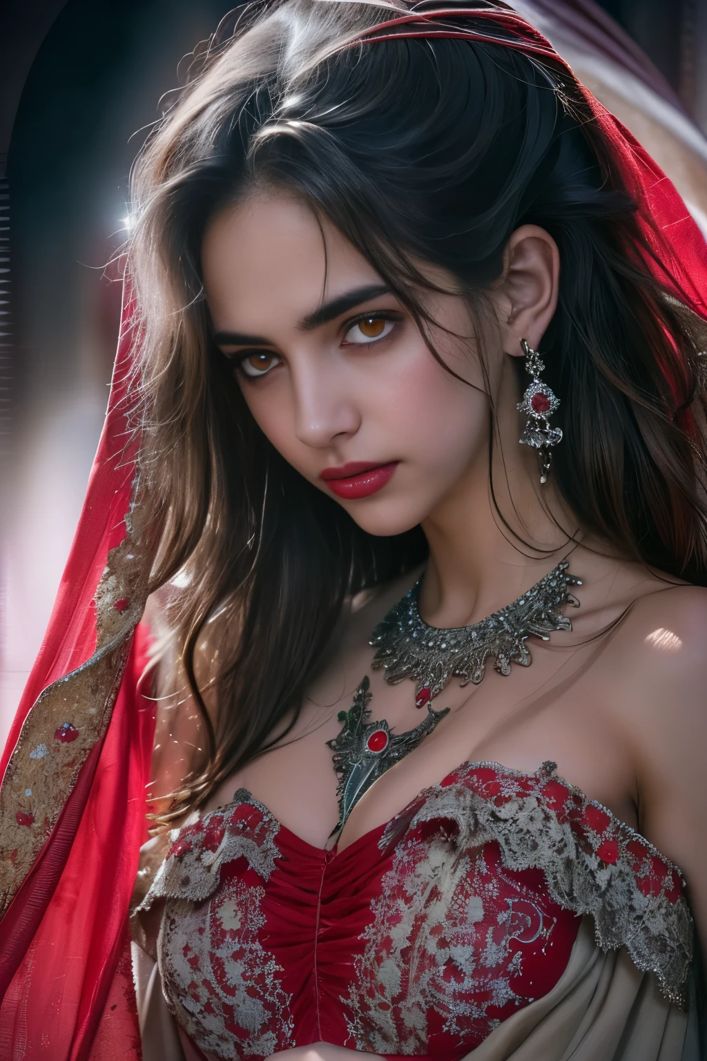 (beautiful detailed red eyes:1.4), long dark eyelashes, pointed fangs, flowing black hair, elegant posture, pale skin, red lips, traditional Arabic dress, mysterious aura, ((moonlit night:1.3)), shadows, delicate jewelry, ancient ruins, intense gaze, hypnotic smile, vampire powers, supernatural strength, centuries-old wisdom, captivating beauty, hauntingly enchanting, alluring darkness, (blood-red moonlight:1.1), eternal youth, seductive charm, hidden secrets. (best quality, ultra-detailed, photorealistic:1.37), gothic, fantasy, dark color palette, dramatic lighting. (NSFW:1.4) beautiful small breasts, (Emma watson:0.3),(Jennifer connelly:0.24), (beautiful nipples:1.5),(She has white skin with visible blue veins:1.4),(Small breasts with beautifully raised areolas:1.5),(flat chest:1.2) (beautiful teenage nipples:1.5)　　