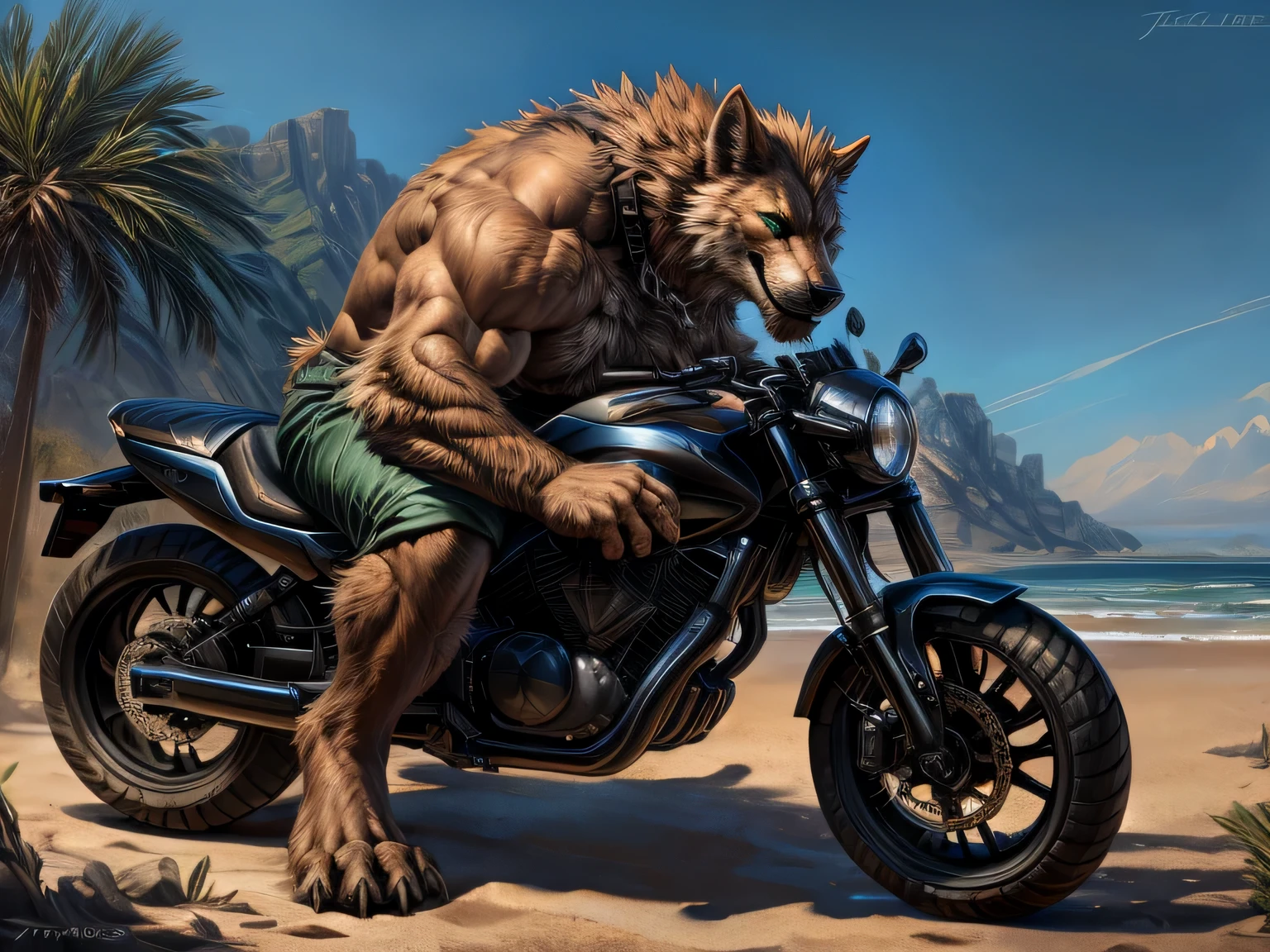 Werewolf, orange fur, bitone, white chest fur, black beard, green eyes, realistic eyes, posted on e621, furry body, anthro body, anthro werewolf, claws on hands, werewolf, solo, male, adult, masculine, (very muscular, large muscles, buff:1.2), correct anatomy, (photorealistic fur, detailed fur, epic, masterpiece:1.2), green short pants, big bulge, has a black chain collar, collar in his neck, in the beach (human people in the back), sitted in a black motorcycle, double purpose motorcycle, all terrain motorcycle, sexy shadows, (by echin, by Taran Fiddler, by Juiceps, by Rukis), (detailed eyes:1.2), impressive physique, strong pose, proud, smiling, flexing biceps with one arm, seductive face, looking at camera