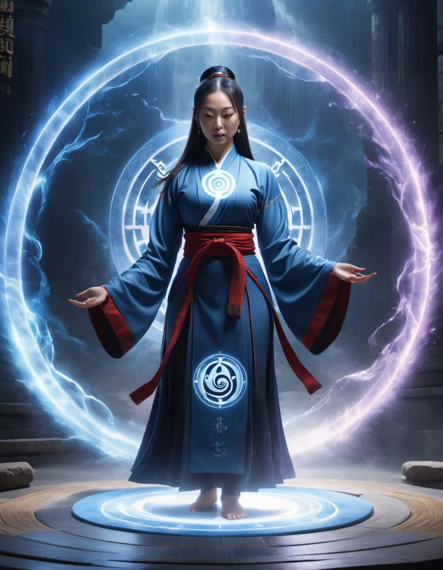 magic circle，best quality,4k,8k,highres,masterpiece:1.2,ultra-detailed,realistic,acrylic style,tai chi, yin yang, eight trigrams,3d rendering，female Taoist priest practicing yoga，Light and shadow photography，background：An unusual amount of magic spells rained down