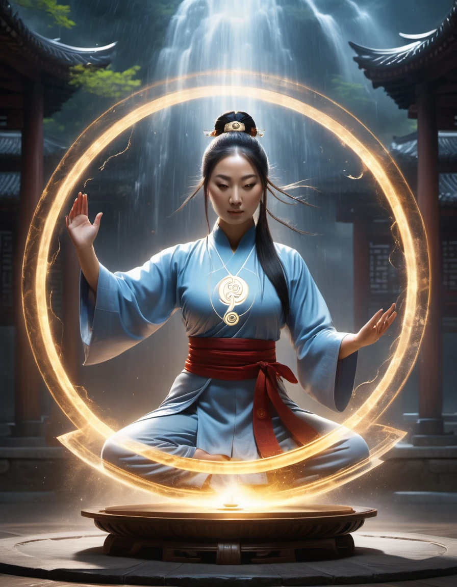 magic circle，best quality,4k,8k,highres,masterpiece:1.2,ultra-detailed,realistic,acrylic style,tai chi, yin yang, eight trigrams,3d rendering，female Taoist priest practicing yoga，Light and shadow photography，background：An unusual amount of magic spells rained down