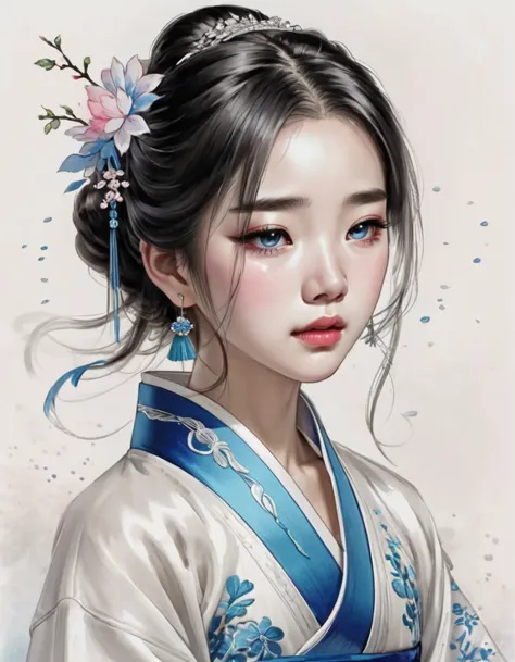 sketch：（The beautiful face of a crying Chinese girl covering half her face with a handkerchief）, （With many, many tears in her e...