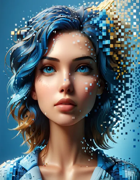 A blue gradient color dissolved pixel wall of a beautiful woman&#39;s head，3D voxel blocks，A structure that starts out intact bu...