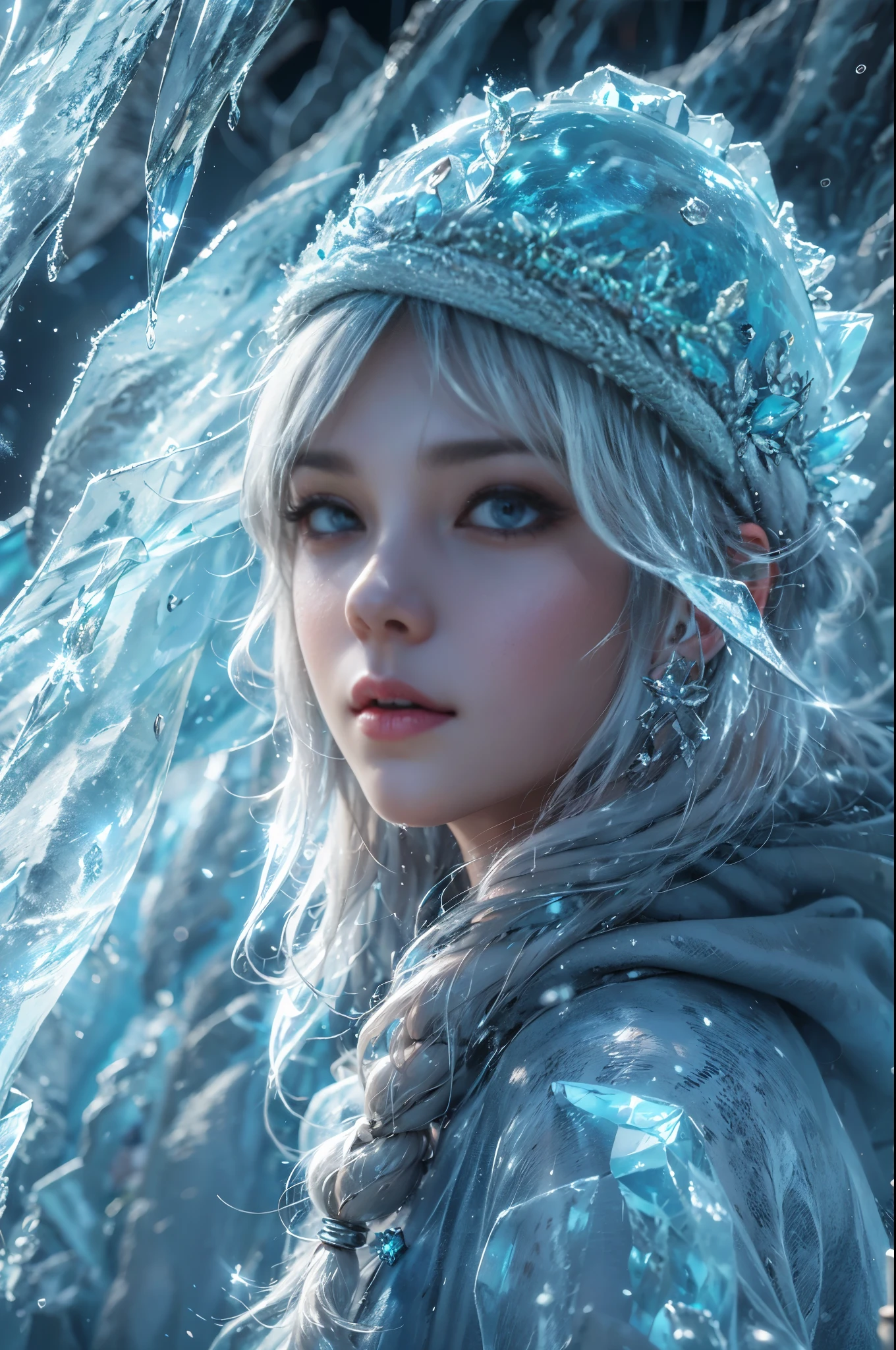 (((1 girl)))，dynamic poses，（skirt made of ice：1.5），ice crystals，frozen fluid，(((icicle)))，Ice mist，Ice particle effects，（Iceberg background：1.2），frozen rock，sitting on frozen rocks，，Amazing results，,best quality,masterpiece,ultra high resolution,detailed，8K resolution,chiaroscuro，NVIDIA RTX