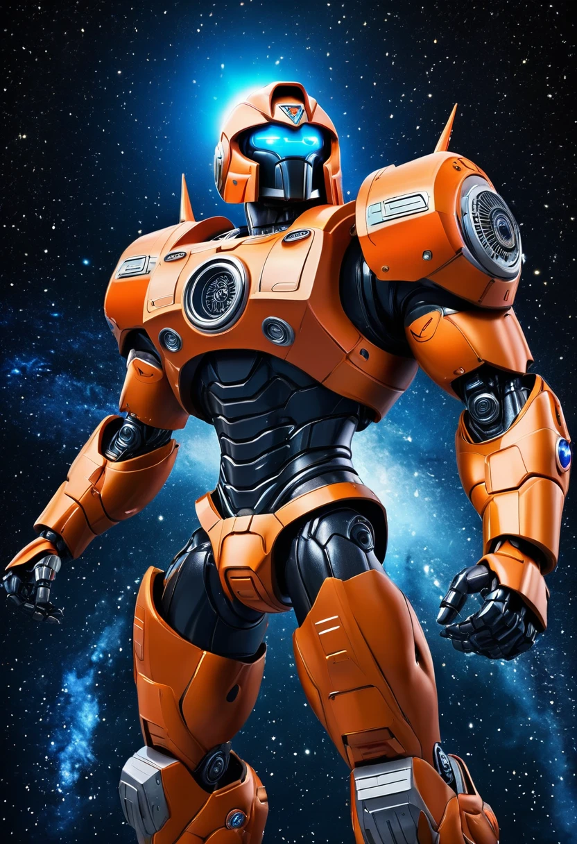 (best quality,highres),he-man themed super robot,heroic pose,standing in space suit on a shoulder,cosmic background,huge and detailed metal structure,glowing energy sword,serious determination in the eyes,vivid colors,sci-fi rendering,dynamic lighting,impressive power and strength,action-packed scene