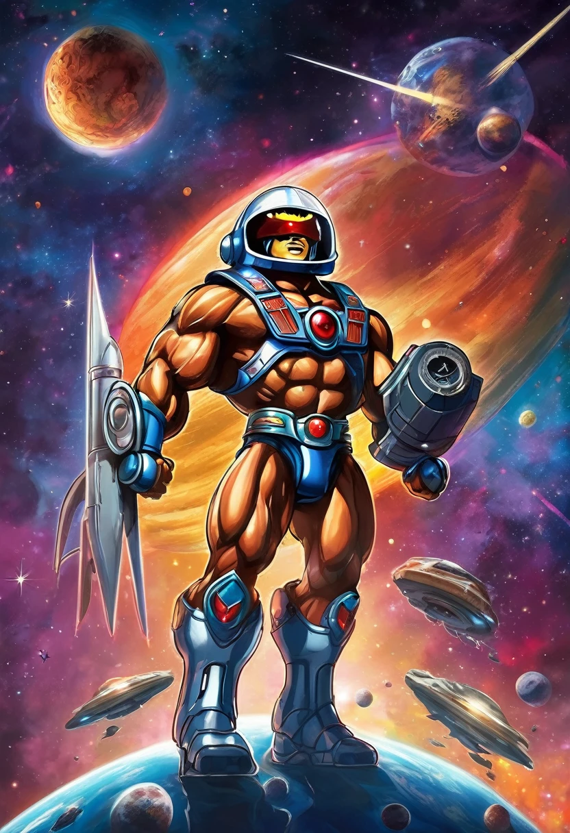 (best quality,highres),he-man themed super robot,heroic pose,standing in space suit on a shoulder,cosmic background,huge and detailed metal structure,glowing energy sword,serious determination in the eyes,vivid colors,sci-fi rendering,dynamic lighting,impressive power and strength,action-packed scene