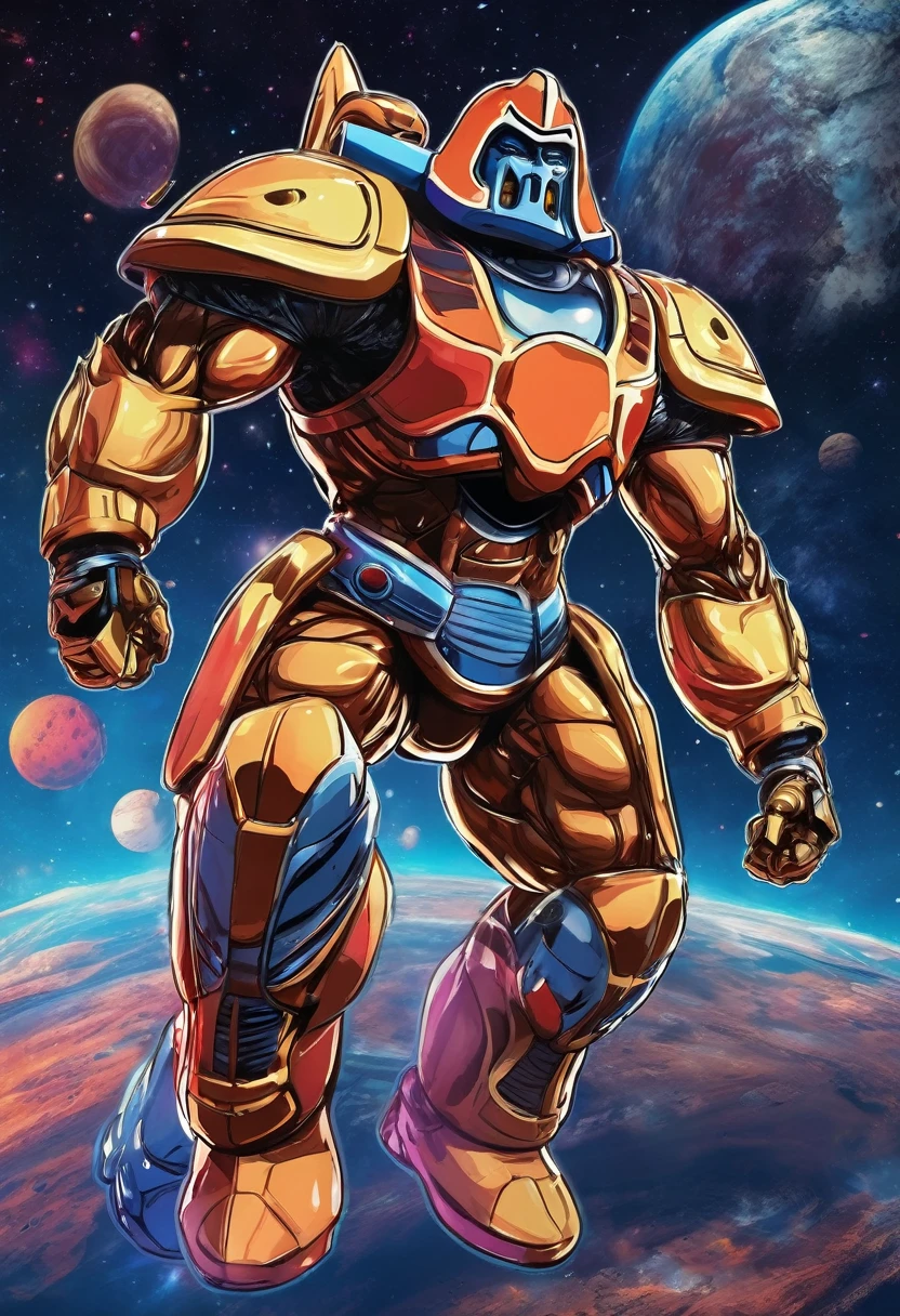 (best quality,highres),he-man themed super robot,heroic pose,standing in space suit on a shoulder,cosmic background,huge and detailed metal structure,glowing energy sword,serious determination in the eyes,vivid colors,sci-fi rendering,dynamic lighting,impressive power and strength,action-packed scene