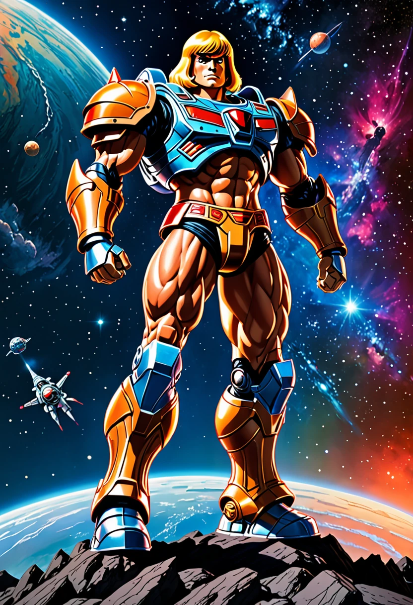 (best quality,highres),he-man themed super robot,heroic pose,standing in space suit on a shoulder,cosmic background,huge and detailed metal structure,glowing energy sword,serious determination in the eyes,vivid colors,sci-fi rendering,dynamic lighting,impressive power and strength,action-packed scene