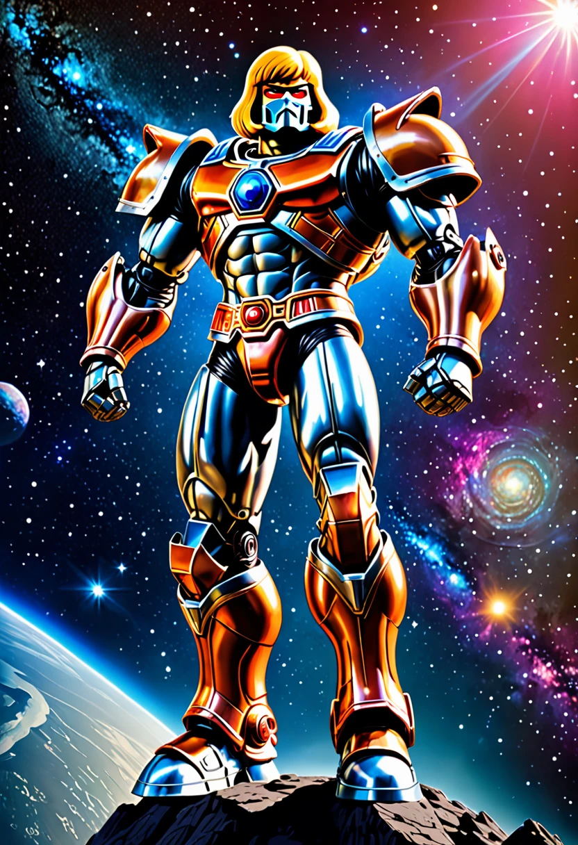 (best quality,highres),he-man themed super robot,heroic pose,standing in space suit on a shoulder,cosmic background,huge and detailed metal structure,glowing energy sword,serious determination in the eyes,vivid colors,sci-fi rendering,dynamic lighting,impressive power and strength,action-packed scene