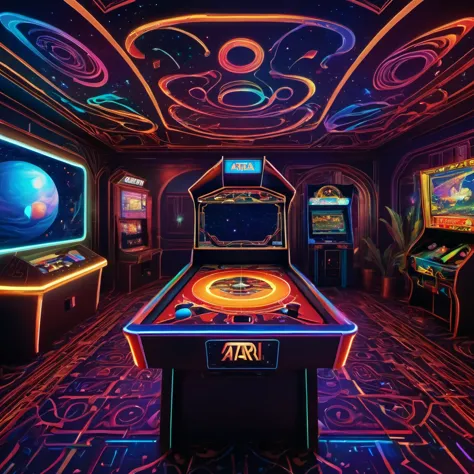 (best quality, highres, ultra sharp), magical atari games, arcade, reto games room, about the curvature of space time, art decos...