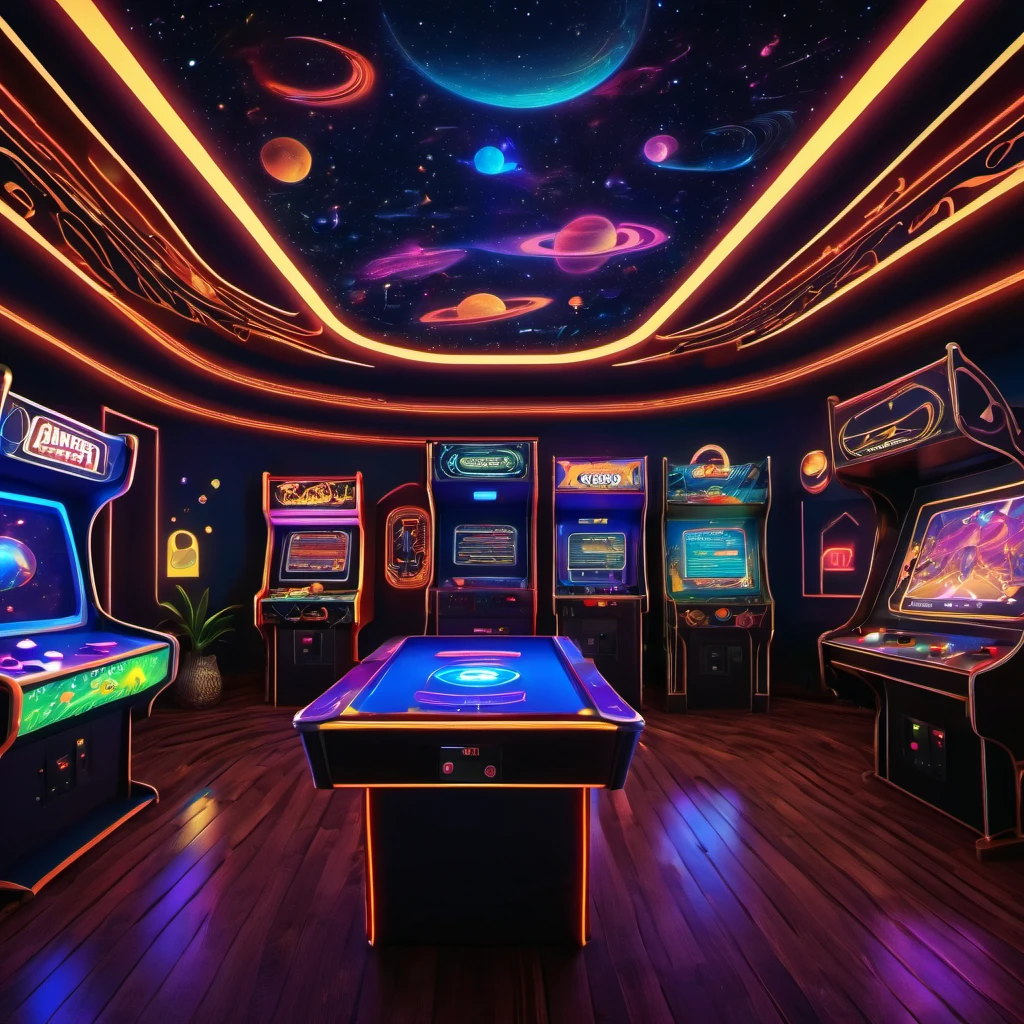 (best quality, highres, ultra sharp), magical atari games, arcade, reto games room, about the curvature of space time, art decostyle , full colored, 3d crunch, dark tones,