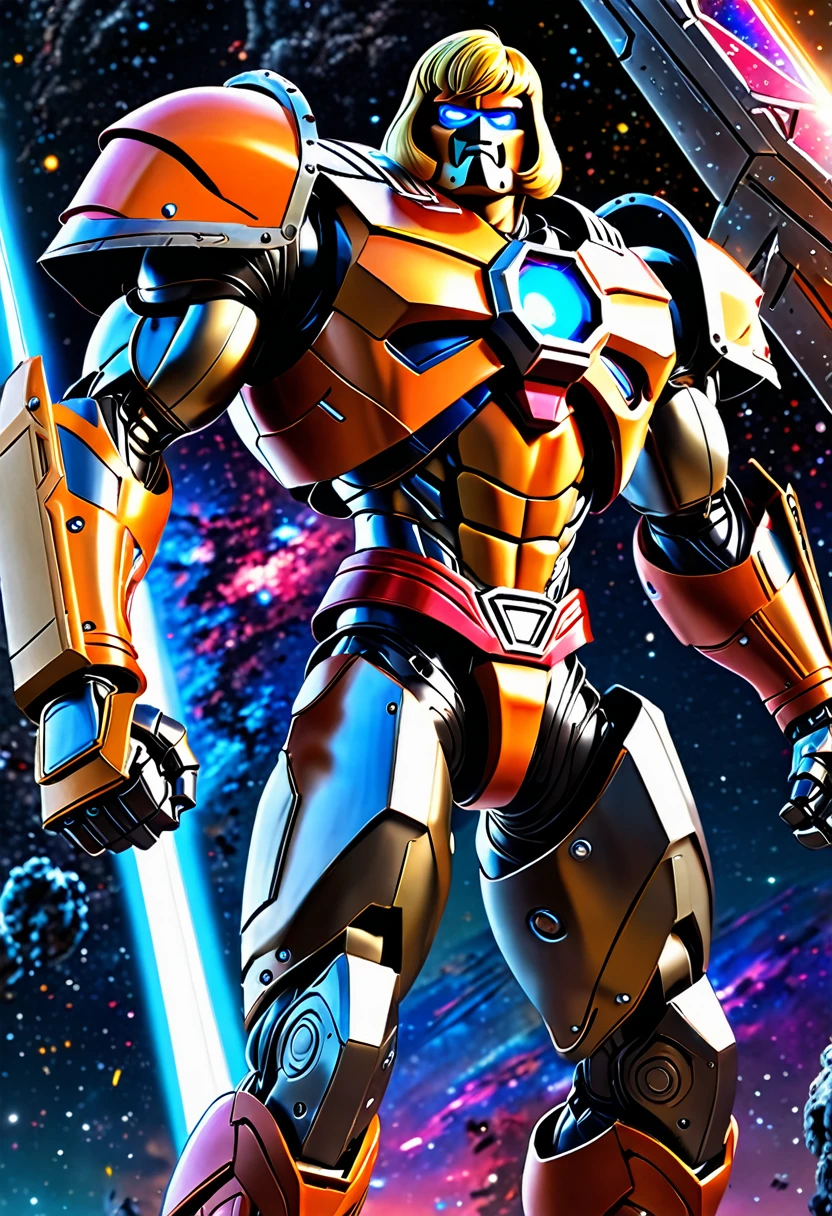 (best quality,highres),he-man themed super robot,heroic pose,standing in space suit on a shoulder,cosmic background,huge and detailed metal structure,glowing energy sword,serious determination in the eyes,vivid colors,sci-fi rendering,dynamic lighting,impressive power and strength,action-packed scene