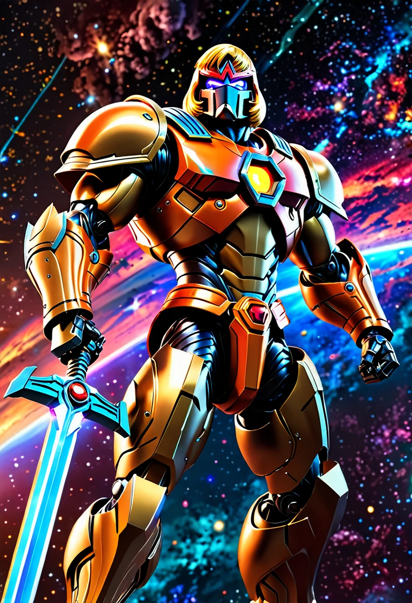 (best quality,highres),he-man themed super robot,heroic pose,standing in space suit on a shoulder,cosmic background,huge and detailed metal structure,glowing energy sword,serious determination in the eyes,vivid colors,sci-fi rendering,dynamic lighting,impressive power and strength,action-packed scene