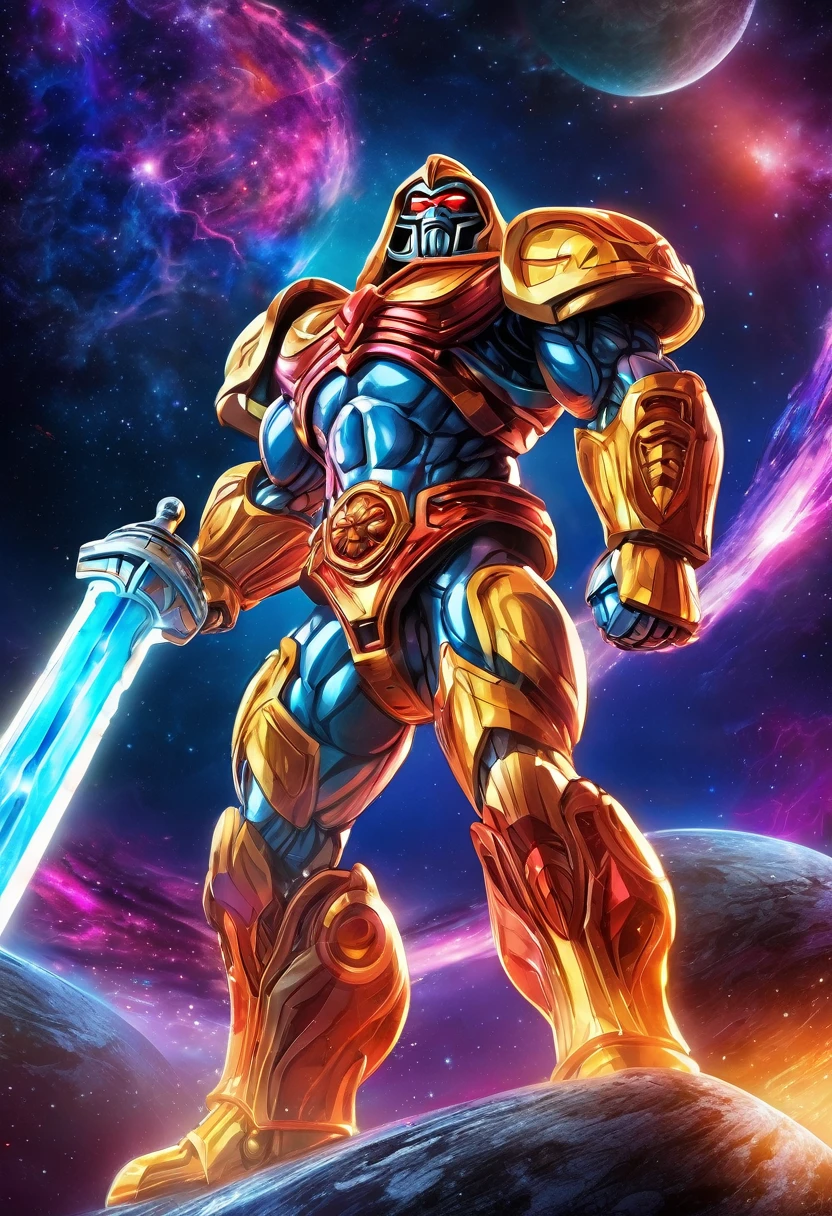 (best quality,highres),he-man themed super robot,heroic pose,standing in space suit on a shoulder,cosmic background,huge and detailed metal structure,glowing energy sword,serious determination in the eyes,vivid colors,sci-fi rendering,dynamic lighting,impressive power and strength,action-packed scene