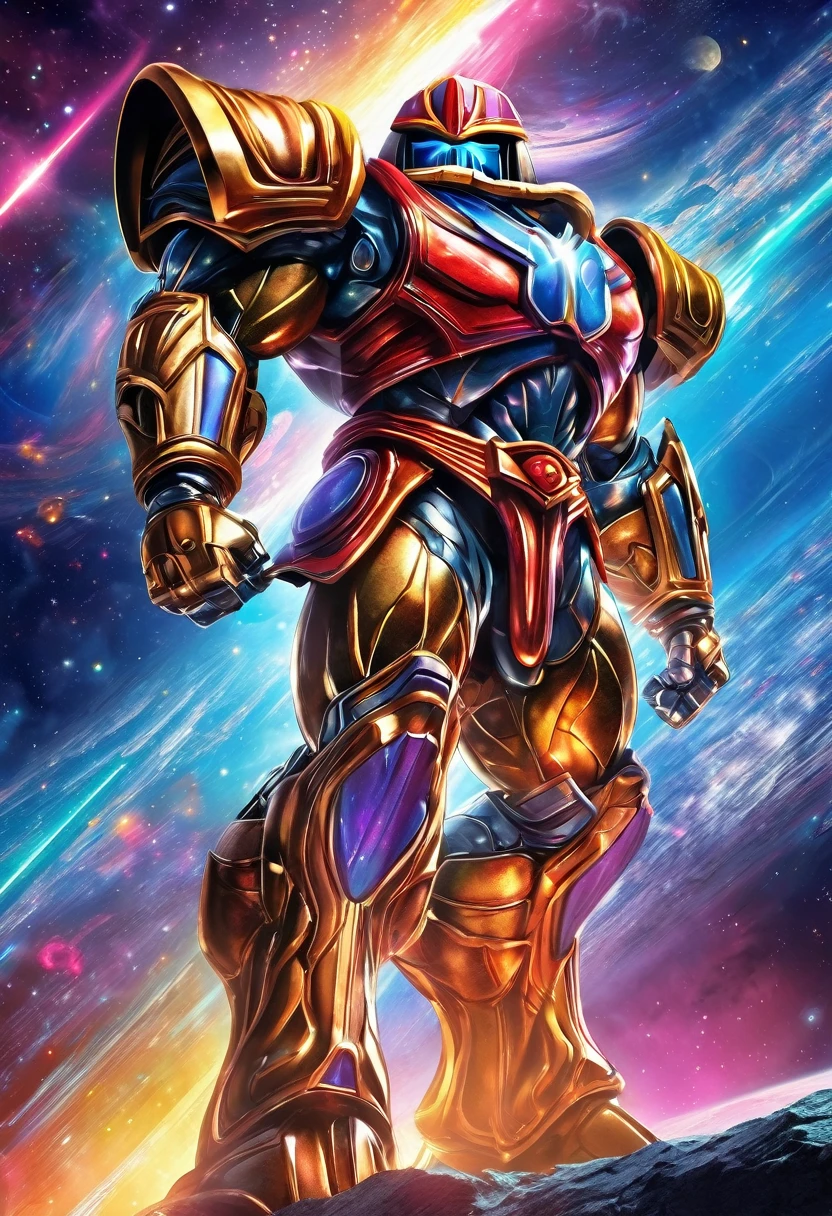 (best quality,highres),he-man themed super robot,heroic pose,standing in space suit on a shoulder,cosmic background,huge and detailed metal structure,glowing energy sword,serious determination in the eyes,vivid colors,sci-fi rendering,dynamic lighting,impressive power and strength,action-packed scene