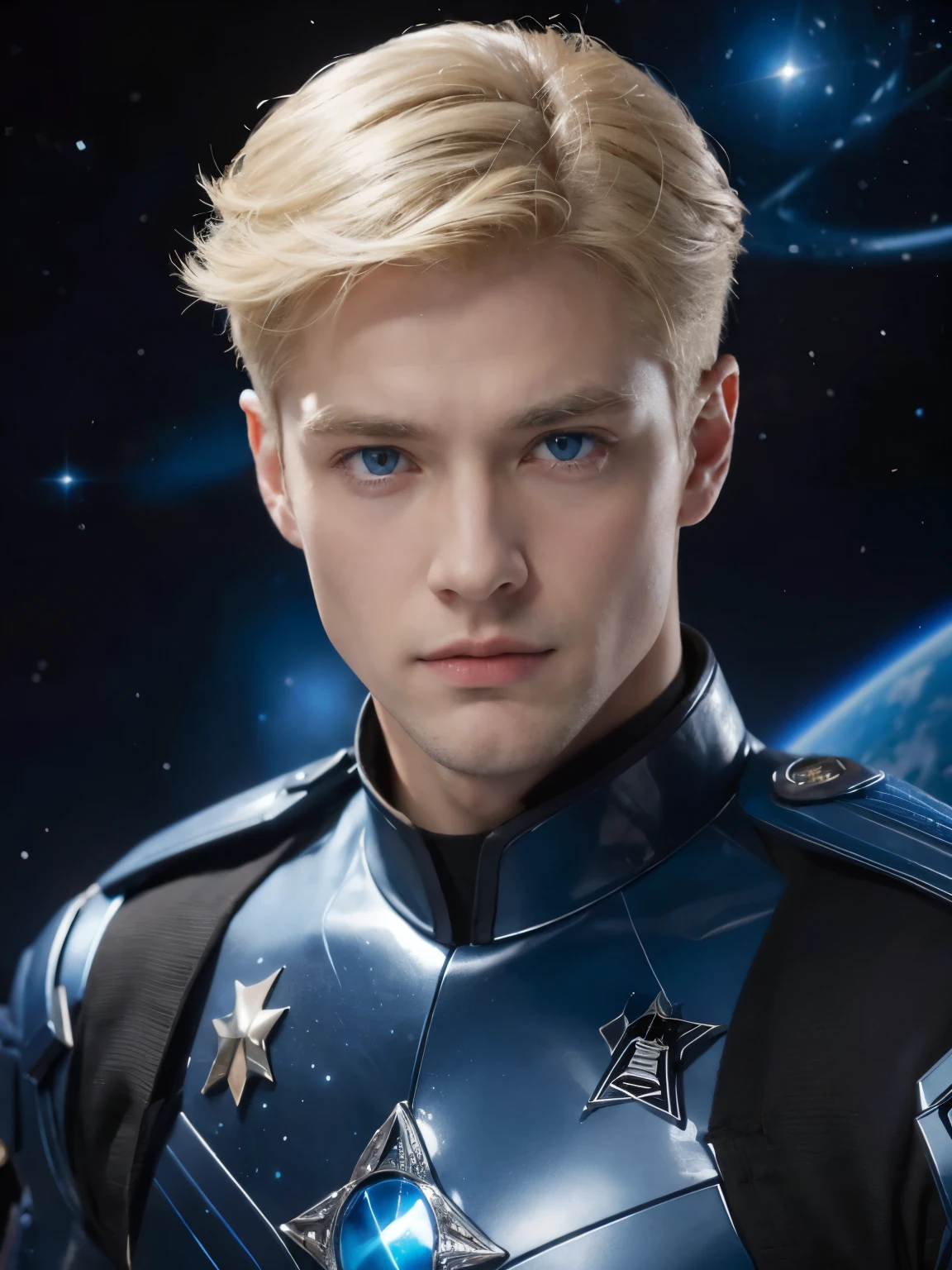 un beau homme. fin des années vingt. Cheveux blonds et yeux bleus. L&#39;homme regarde la caméra avec une expression sérieuse. L&#39;homme porte un uniforme de combat métallisé bleu-noir. Une image d&#39;un univers multidimensionnel dans l&#39;espace derrière lui.