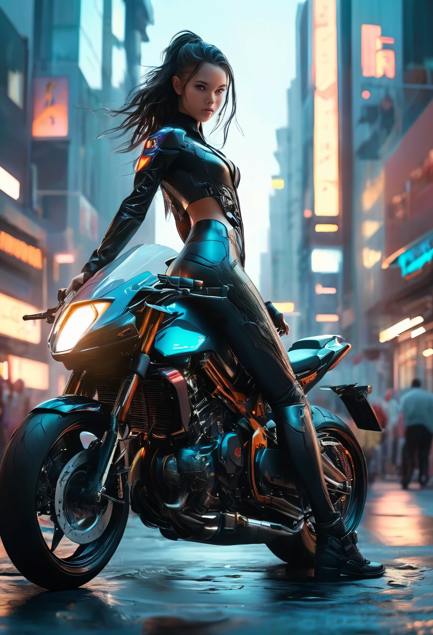 {{A breathtakingly beautiful woman racing at breakneck speed atop a high-performance motorcycle in a hyper-realistic Cyberpunk style}}, the scene illuminated by cinematic lighting that accentuates every intricate detail. This is a Cyberpunk-inspired image that captures {((the thrilling fusion of high-speed action and futuristic urban aesthetics))}. The environment/background should be {((a sprawling metropolis with towering skyscrapers and bustling streets, bathed in the neon glow of Cyberpunk technology))} to create an {((atmosphere of dynamic energy and urban sophistication))}. The image should be rendered in {((ultra-realistic and meticulously detailed))} style, drawing from {((the gritty and lifelike aesthetics of Cyberpunk-themed media))}. The medium shot, captured with a {((medium telephoto))} lens, will provide a {((sense of velocity and realism))}. The lighting should be {((cinematic and dramatic))}, casting {((striking shadows and highlights that enhance the realism and depth of the scene))}. The desired level of detail is {((exquisitely intricate and visually captivating))} with a {((high-definition))} resolution, showcasing {((the realistic textures of the woman's attire, the intricate design of the racing motorcycle, and the urban landscape))}. The goal is to create a {((visually stunning and emotionally engaging))} image that immerses viewers in {((the adrenaline-fueled world of Cyberpunk racing))}.