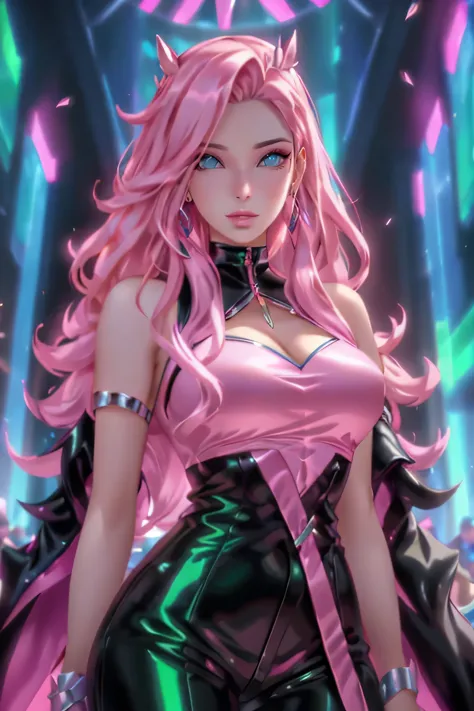 (pink hair: 1.1, green eyes: 1.1, sexy pose: 1.1, singer: 1.1, hair with pink highlights: 1.1, shiny, black leather outfit, powe...