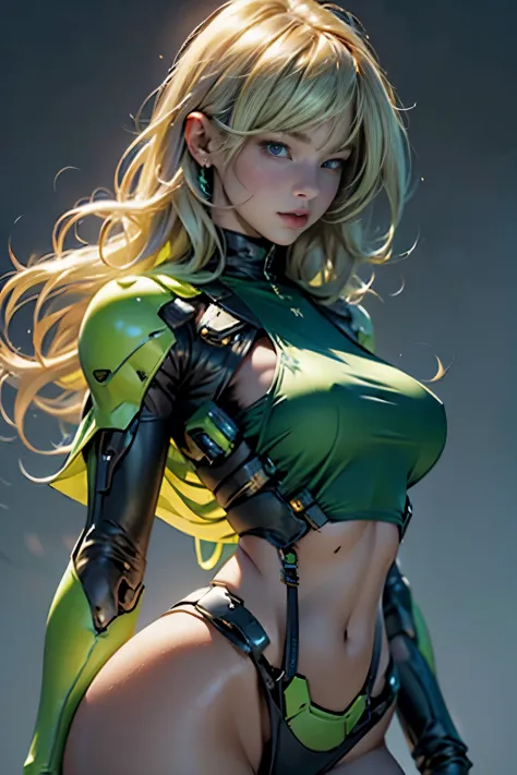 cowboy shot of samus aran, simple background,colorfull green and blue,blonde hair,cyberpunk ,thick thigs,thick,ample bosom