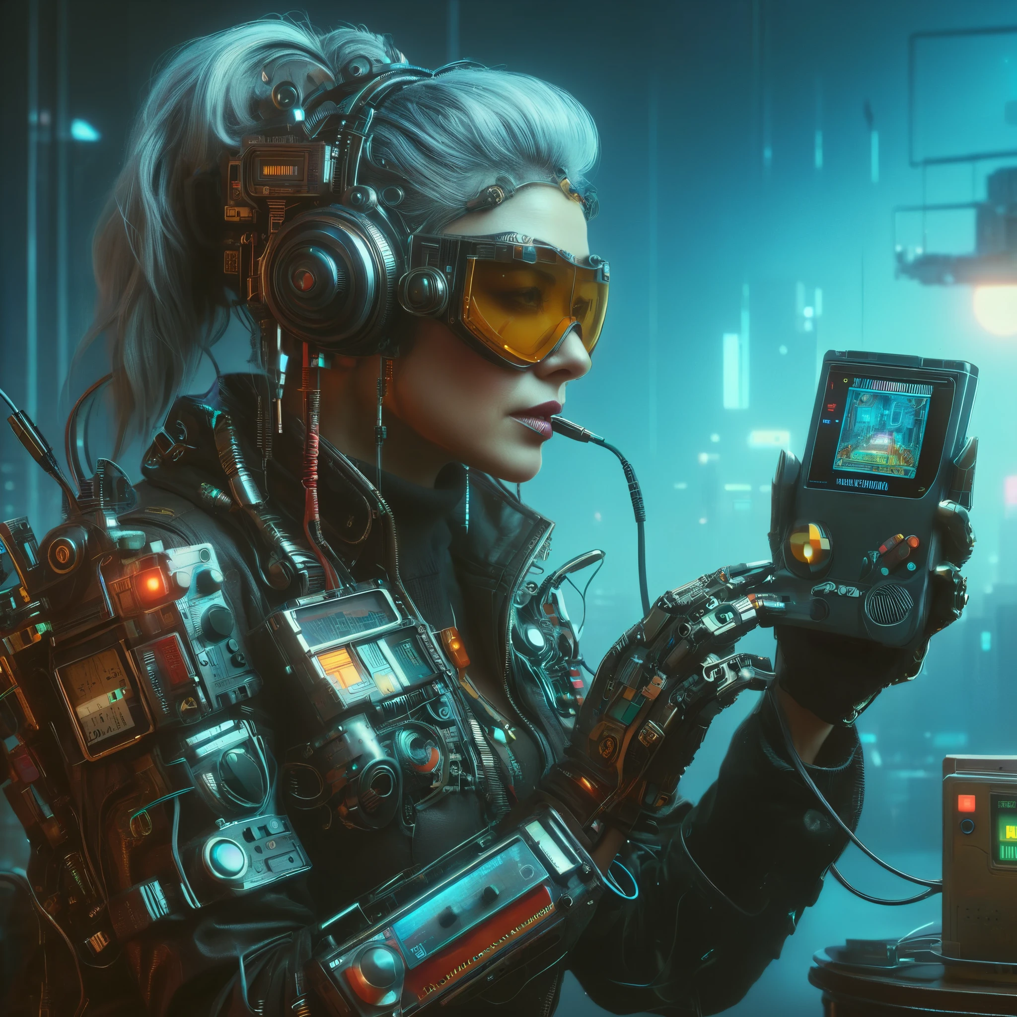 cyberpunk world, middle-aged woman, futuristic clothes, mechanical arm, mask and technical glasses, cables, leds, playing on old gameboy console, playing retro games, realistic,,intricate abstract,intricate wu,beeple,dan mumford,concept,octane,greg rutkowski very coherent symmetrical,cinematic,key,hyper realism,high detail,8k, 