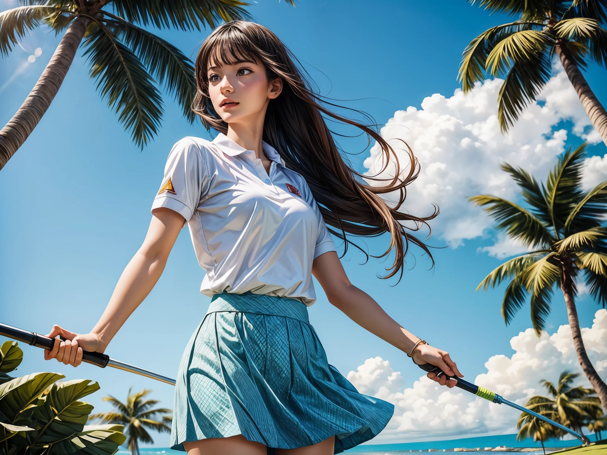 (girl playing golf, full swing, resort golf course, mini skirt, refreshing breeze), (best quality, ultra-detailed, realistic:1.37), (illustration), (beautifully manicured greens, majestic palm trees, sparkling blue water hazards), (vibrant colors, bright sunlight, soft shadows), (loose hair flowing in the wind, focused expression), (summery atmosphere, sunny weather, clear skies)