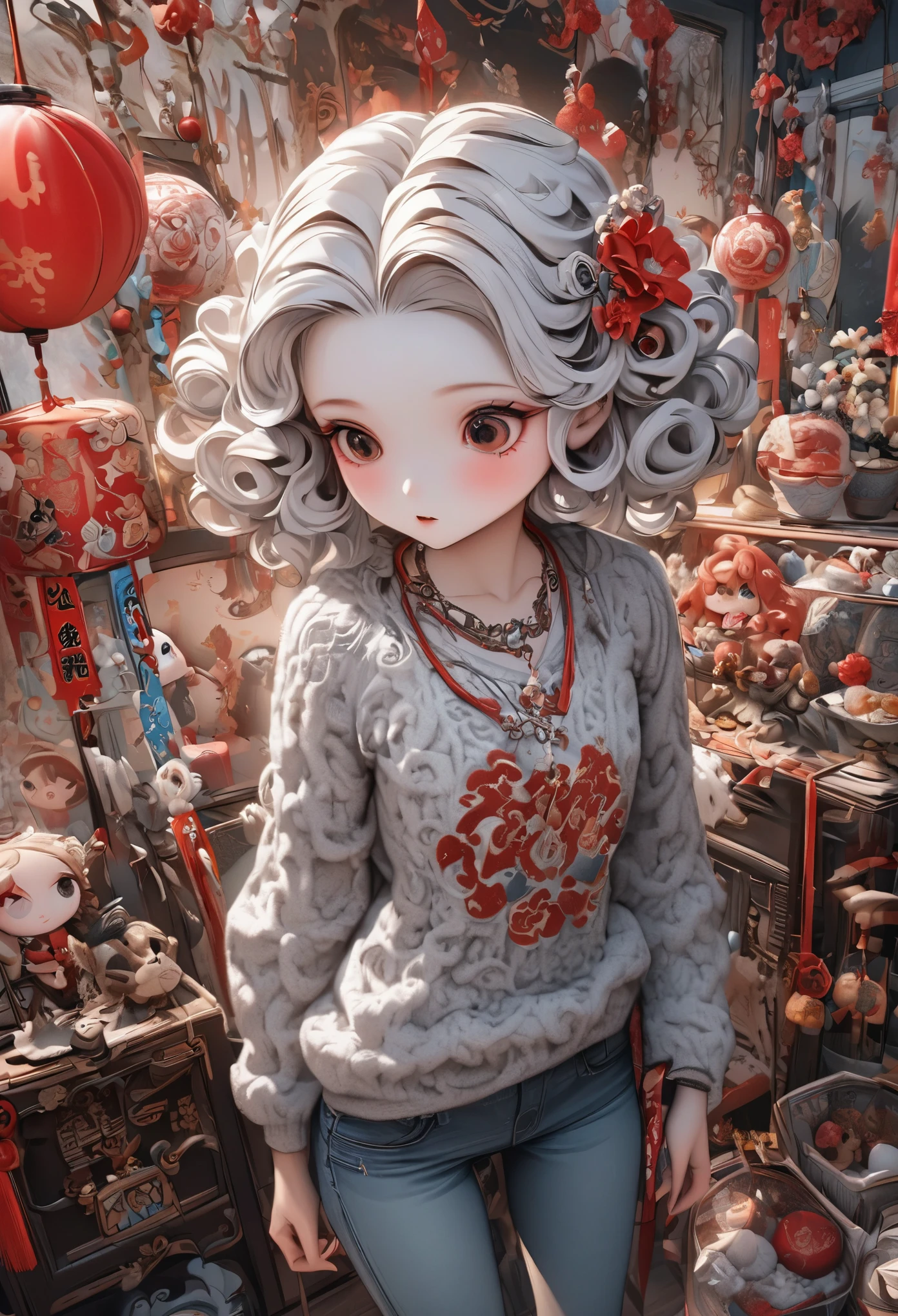 （（（hair accessories）））,necklace,Put on a sexy sweater,,skinny jeans,The room is filled with Chinese New Year decorations.super wide angle（（（masterpiece）））, （（best quality））,（（Intricate details））,（（surreal））（8K）