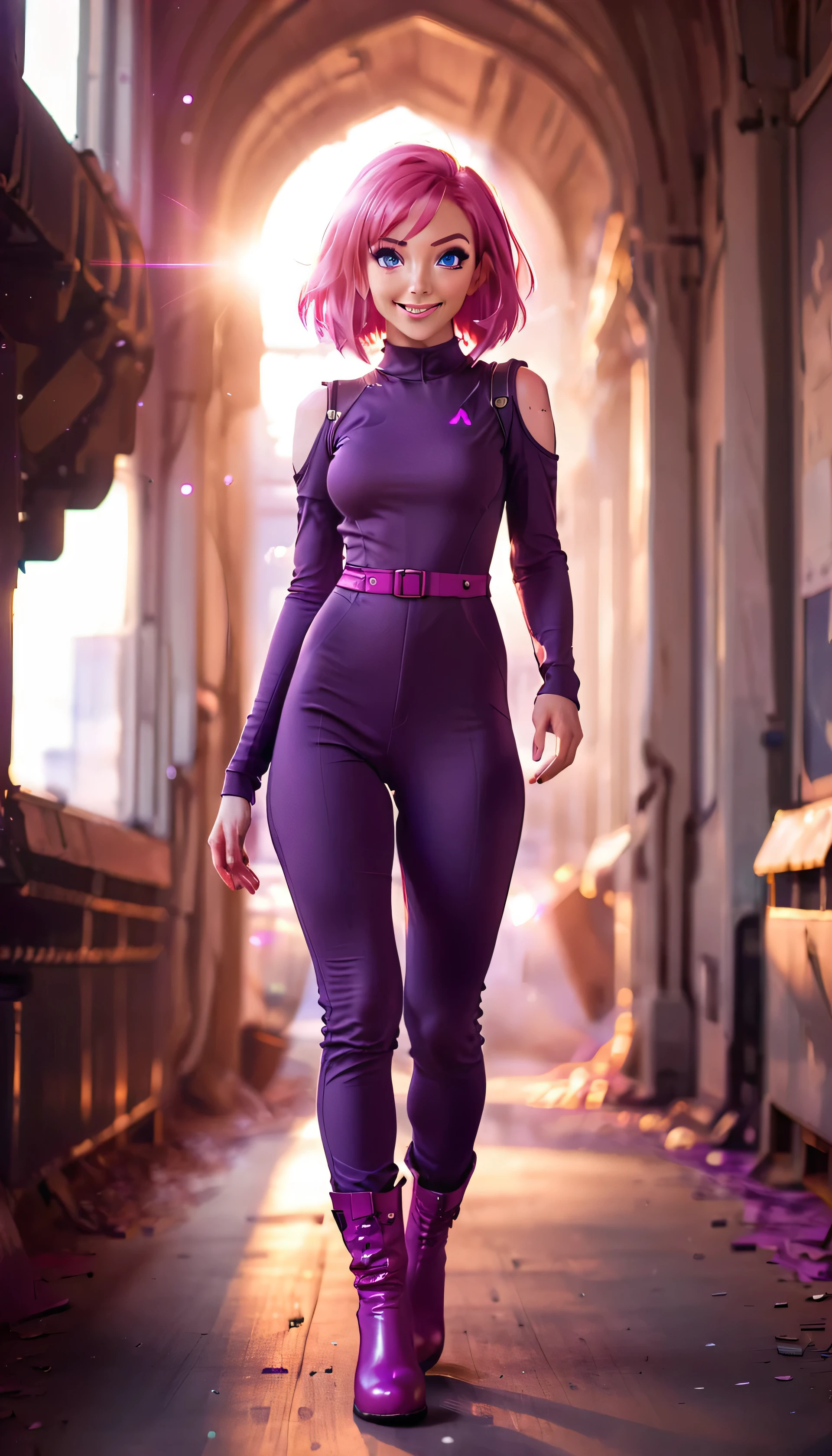 F/2.8, Lens Flare, 32k, Excited, Scattering, a 29 year old woman with shoulder-length pink hair, she wears a very tight-fitting purple jumpsuit and purple boots, she has blue eyes and beautiful eyes.