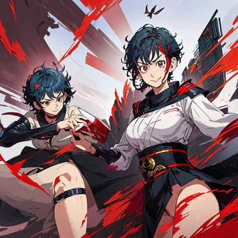 anime Tokyo revengers, a woman has red eyes and black hair, with a short butterfly cut hairstyle. wearing a Japanese delinquent ...