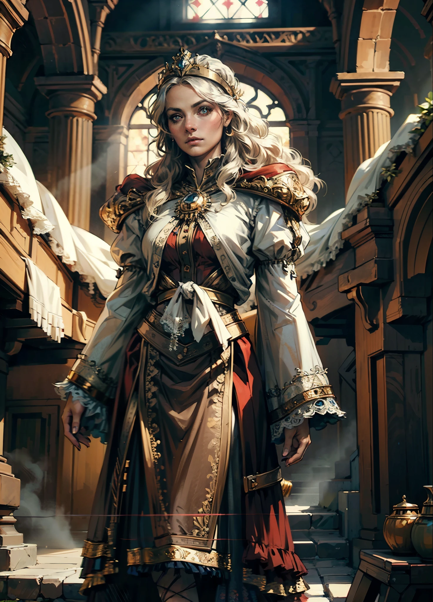 A girl with long golden hair, choppy bangs, Nordic heritage, a  figure, delicate facial features, pale skin, porcelain skin, an innocent yet determined gaze, she wears an exquisite headband, dressed in a fantasy-style Slavic royal dress, a fur shawl draped over her shoulders, wide sleeves, a luxurious layered skirt, the background features a fantasy-style royal castle, this character embodies a finely crafted fantasy-style Slavic princess in anime style, exquisite and mature manga art style, high definition, best quality, highres, ultra-detailed, ultra-fine painting, extremely delicate, professional, anatomically correct, symmetrical face, extremely detailed eyes and face, high quality eyes, creativity, RAW photo, UHD, 32k, Natural light, cinematic lighting, masterpiece-anatomy-perfect, masterpiece:1.5