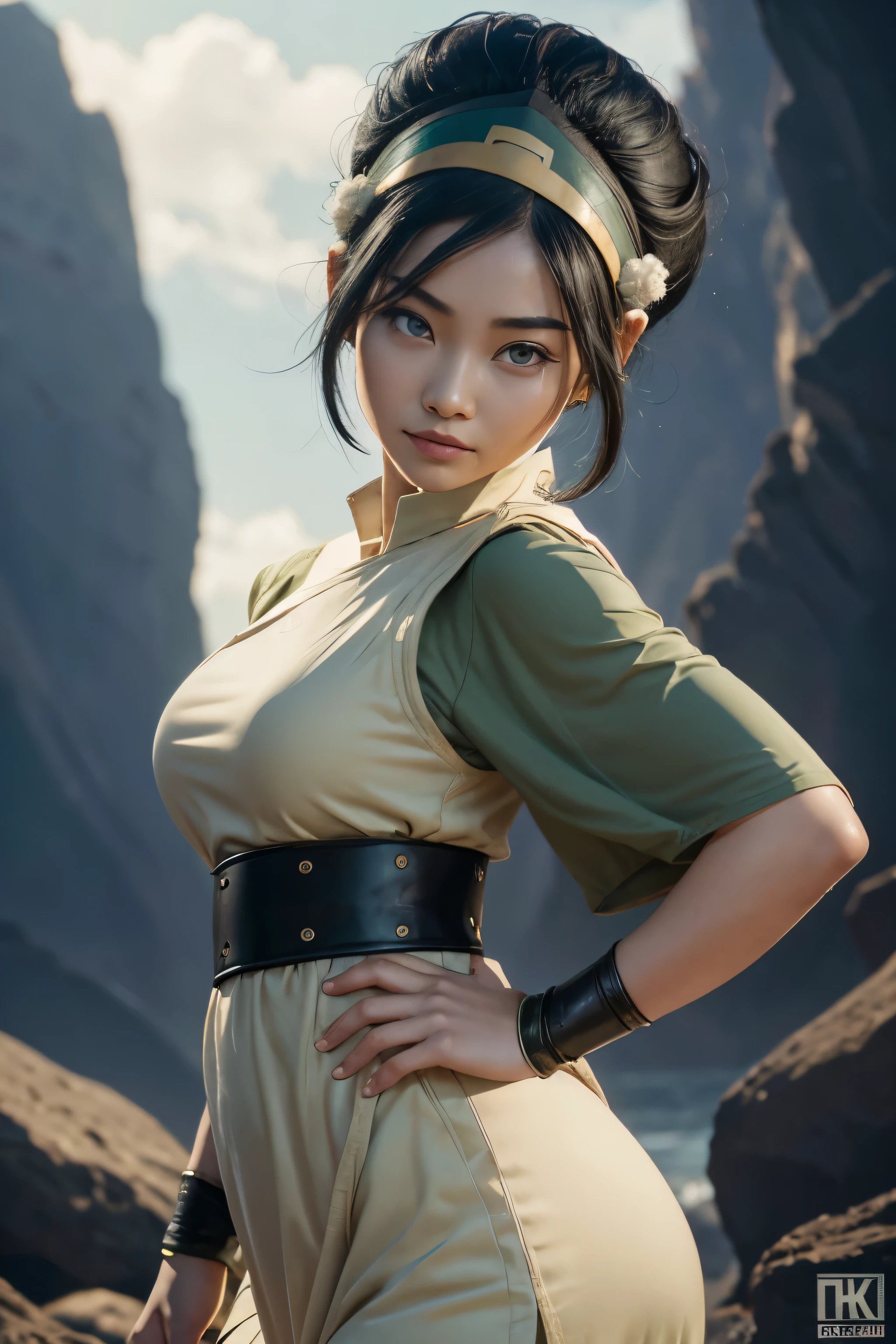 Toph beifong do avatar, ((Toph beigong)), roupas do dominador de terra, roupas da tribo da terra, roupas top, seios grandes e quadris largos, lábios perfeitos e cheios, olhos redondos olhando para o espectador, ((Lana Condor)), pele pálida, corpo curvilíneo,  Avatar A Lenda de Aang, avatar, fundo do dominador de terra, cabelo preto preso em um coque com faixa na cabeça , atenção aos detalhes, foco, nitidez, detalhes absurdos, Realismo, hyper foco, Dedos perfeitos, lábios bem desenhados, rosto claro, cores em tom pastel, HD, 4K, alta resolução, poses dinâmicas, rosto claros, expressões suaves, sorriso gentil  