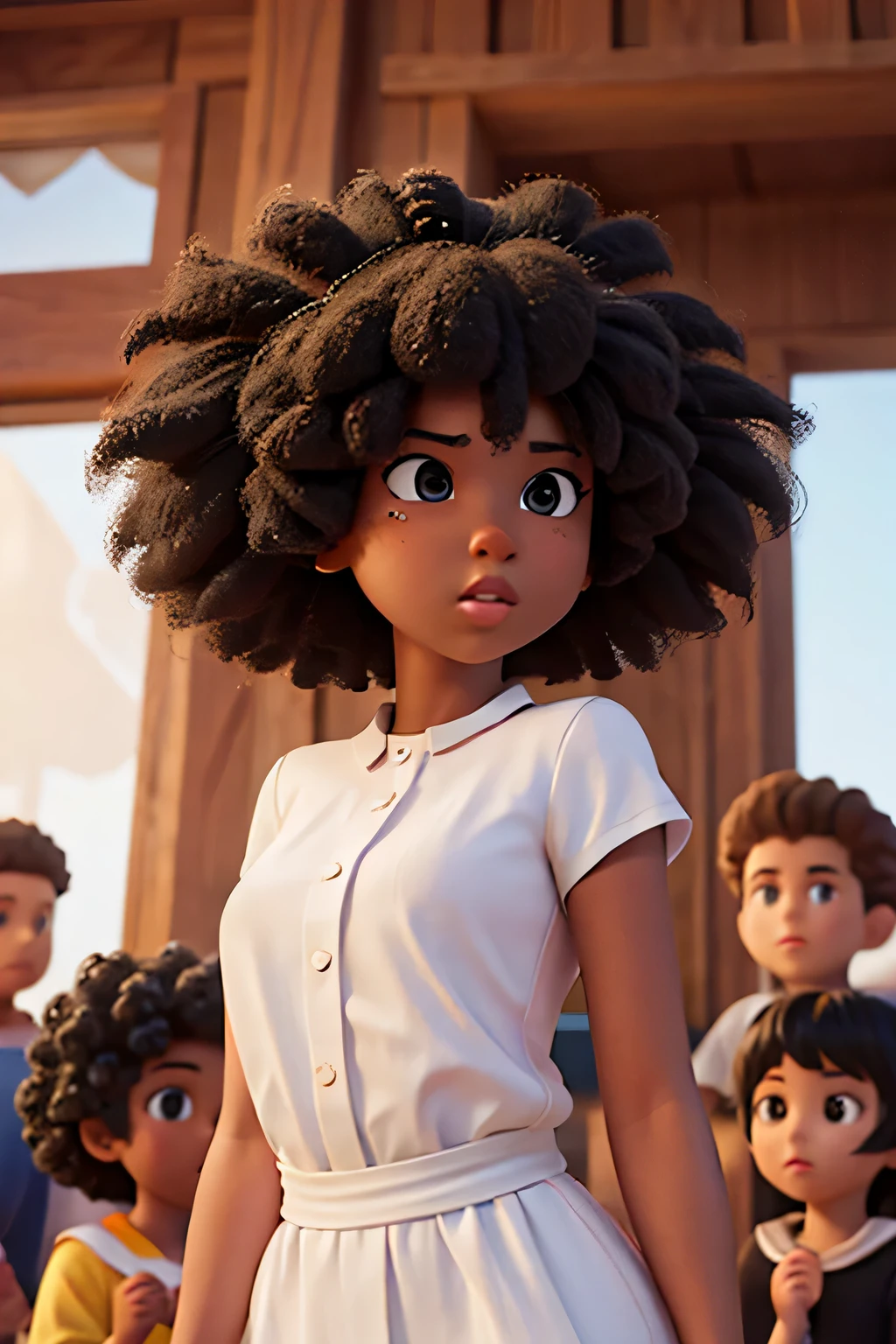 Chica negra con cabello afro al lado de muchas personas blancas