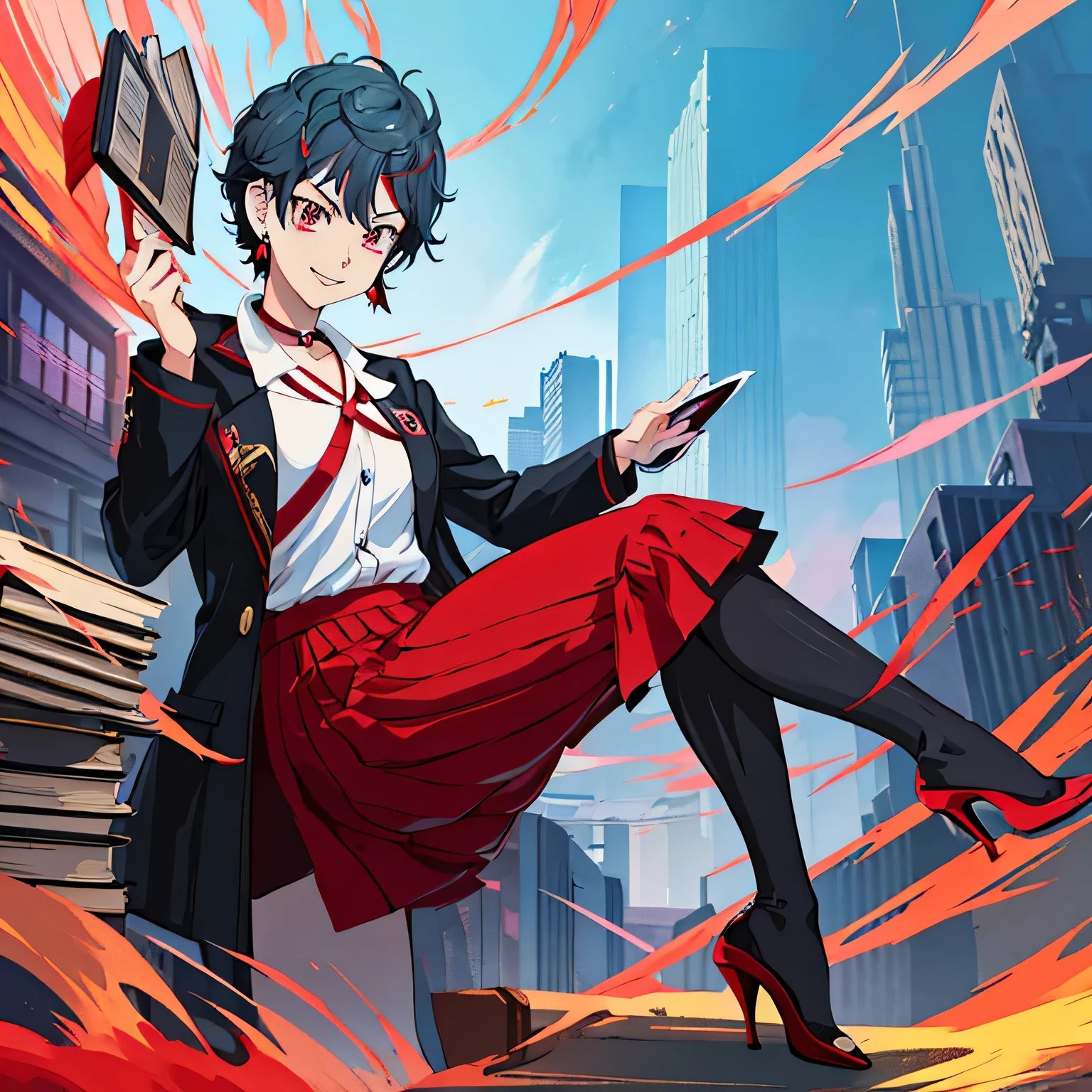 anime Tokyo revengers, a woman has red eyes and black hair, with a short butterfly cut hairstyle. wearing a Japanese delinquent outfit, and wearing high heels with red earrings.

she smiled holding a book